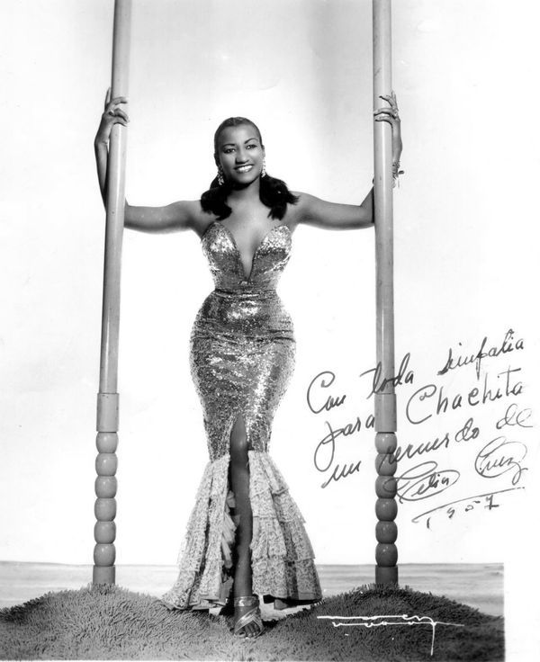 Black-and-white portrait of Celia Cruz smiling