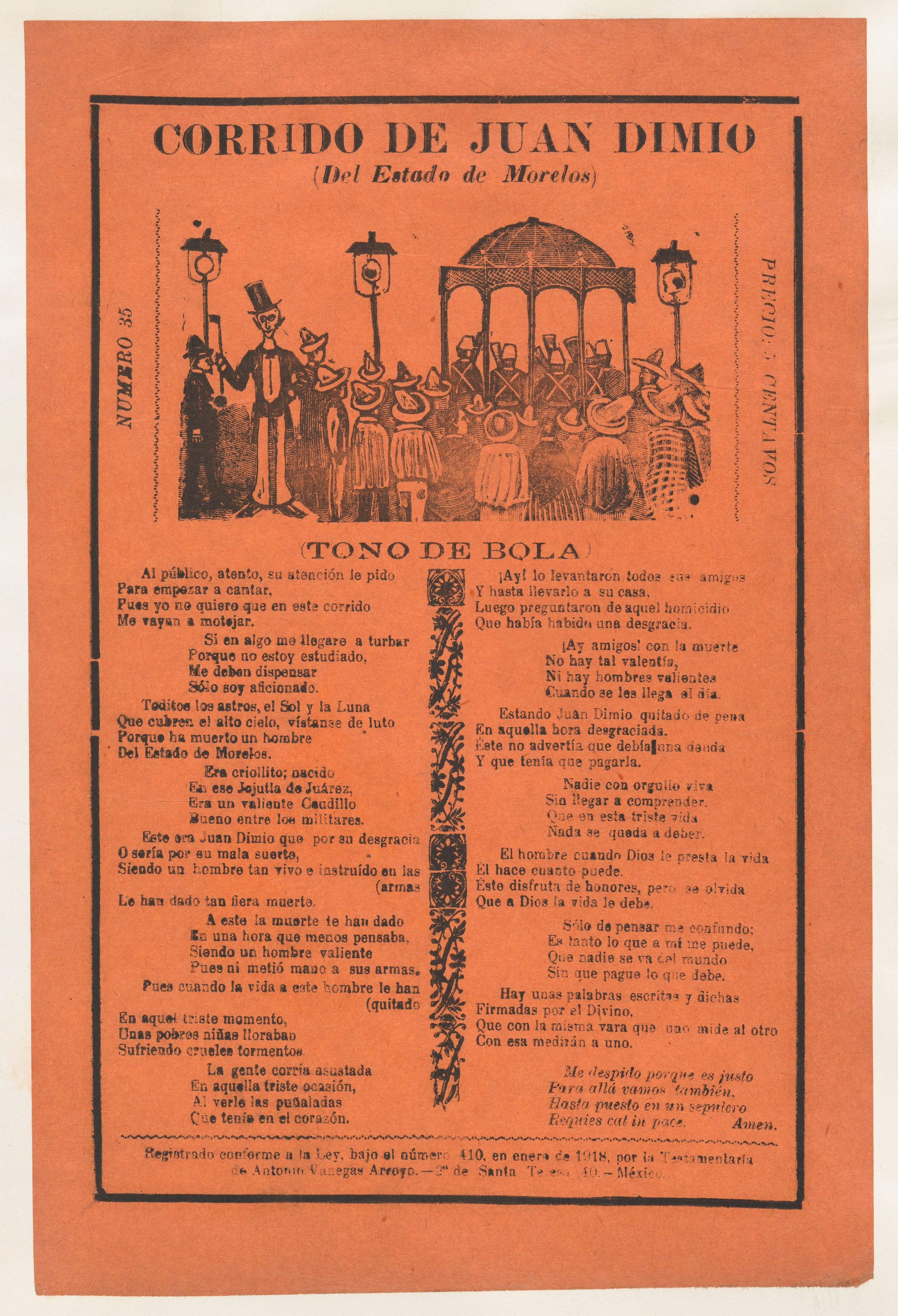 This image shows a vintage Mexican broadside (a large, single-sided printed sheet) containing a ballad known as a corrido. The sheet is printed on orange-red paper with black ink and features a mix of typography and woodcut illustration.