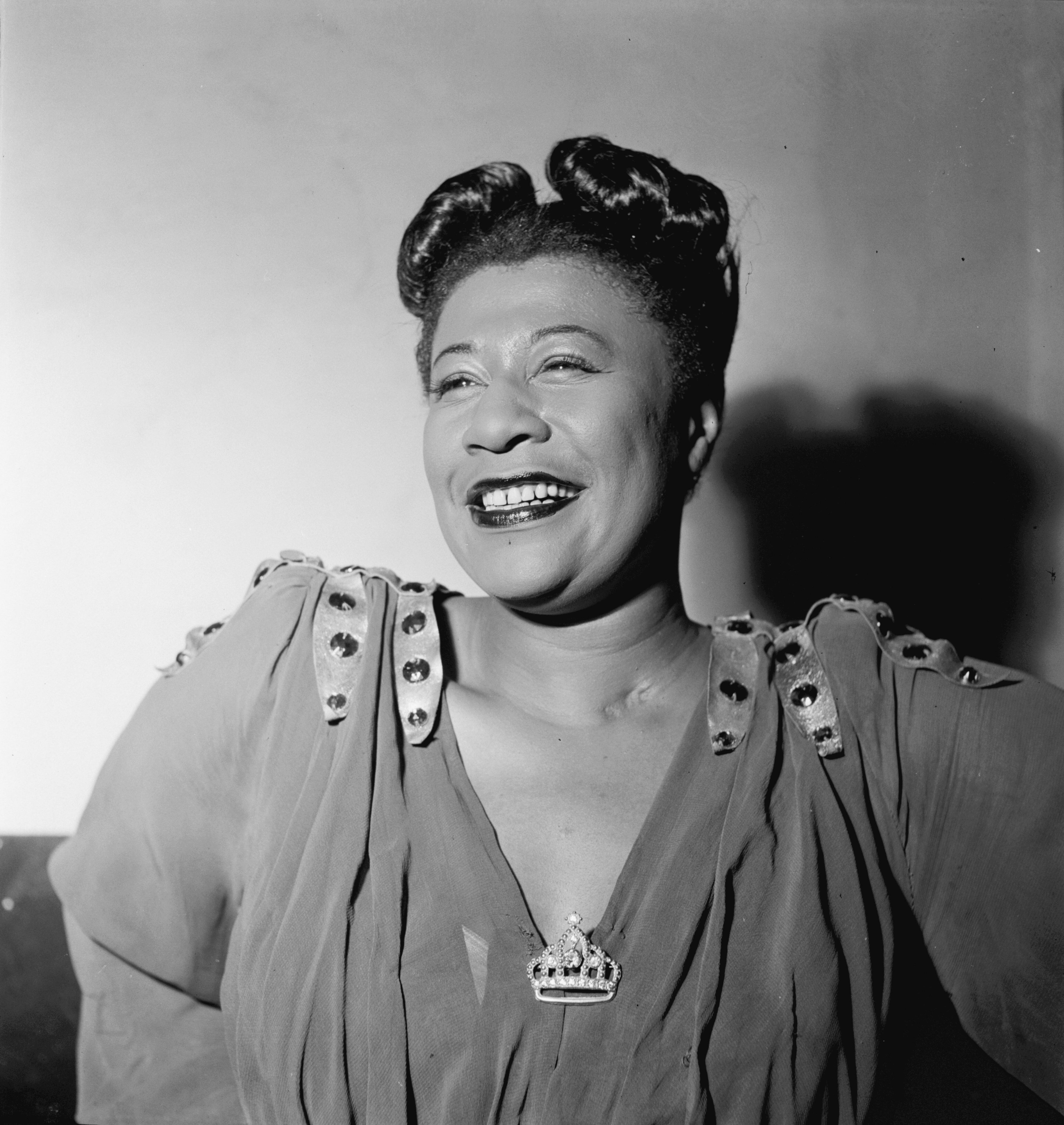Black and white portrait photograph of jazz legend Ella Fitzgerald