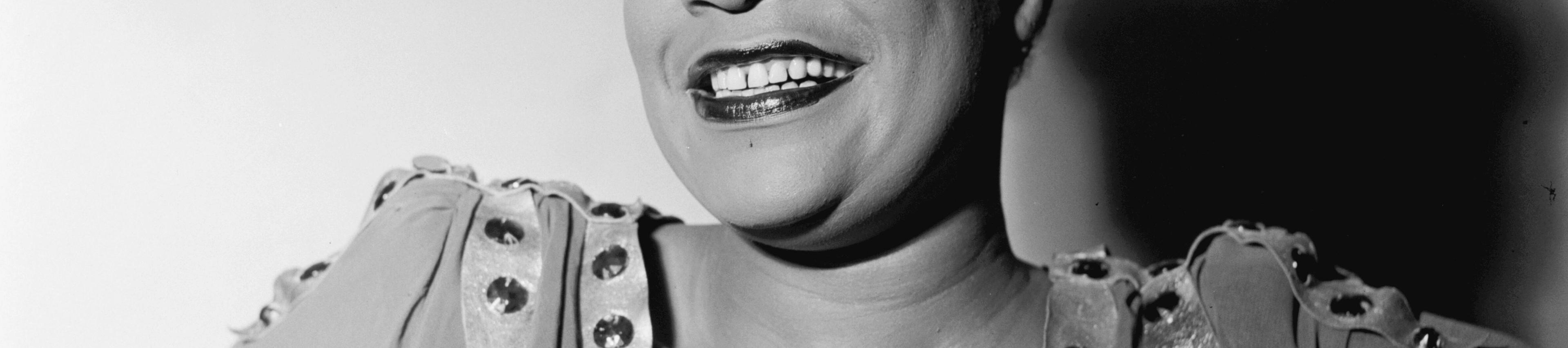 Black and white portrait photograph of jazz legend Ella Fitzgerald