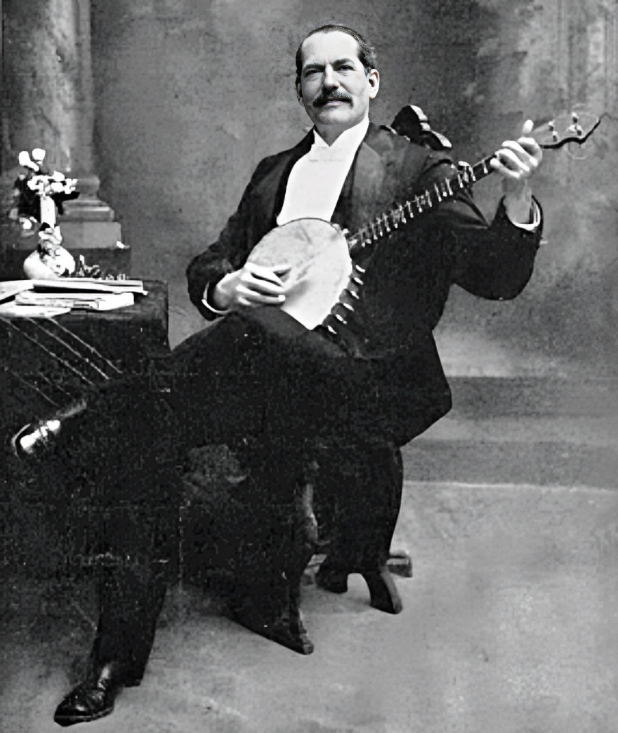 Old photograph of Polk Miller seated, holding a banjo.