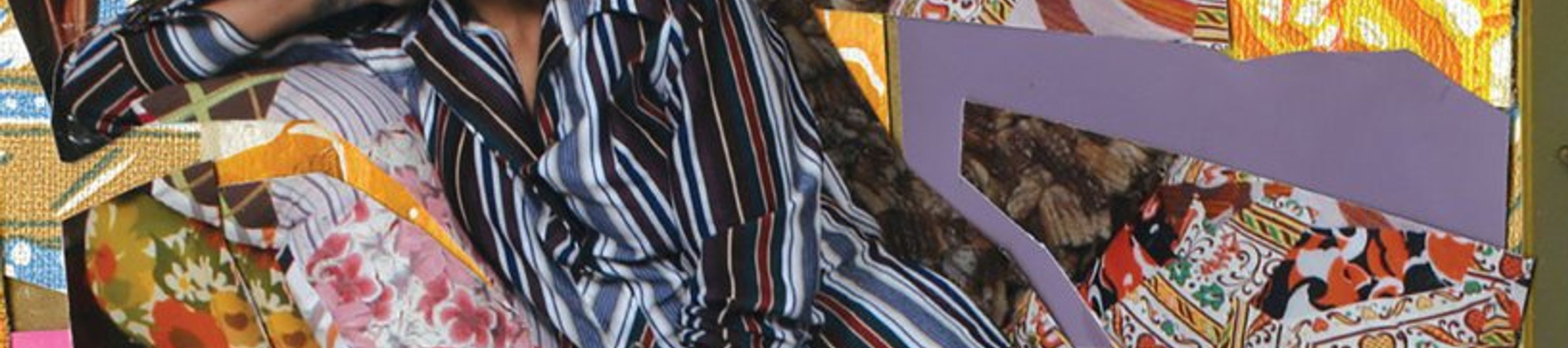 A vibrant, colorful Cubist-style collage featuring a woman reclining. The woman, with voluminous dark hair, is wearing a striped collared shirt and blue pants with a red floral pattern. She leans back against a surface that is a patchwork of various floral and patterned fabrics. The entire image is constructed like a collage, with jagged, overlapping edges and mismatched sections of wallpaper, patterns, and a green door in the background. At the bottom, the word "TRUE" is written in large, thin white capital letters across the colorful pieces. The overall aesthetic is eclectic, artistic, and heavily textured.