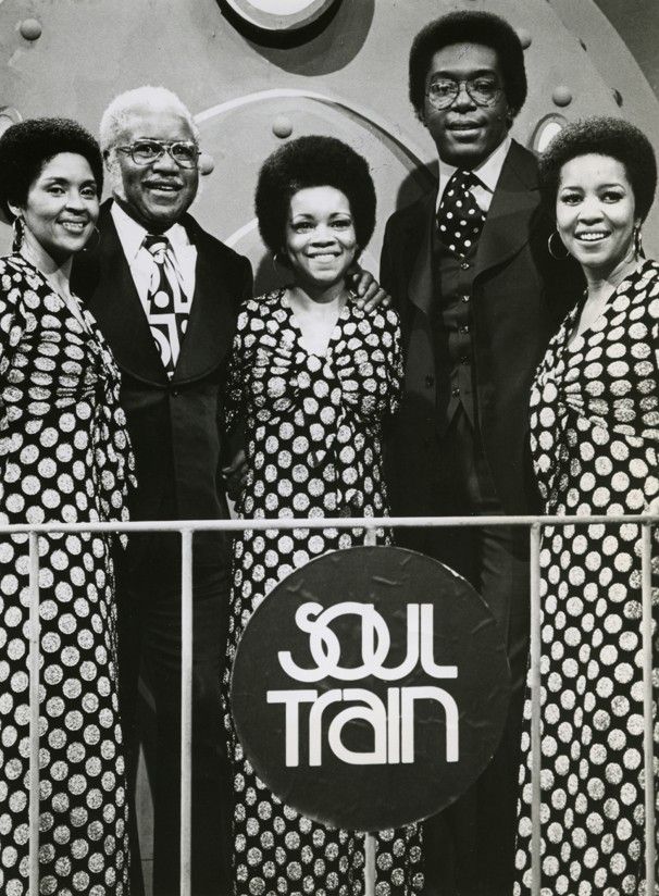 1974 photo of The Staple Singers with Don Cornelius on the set of Soul Train