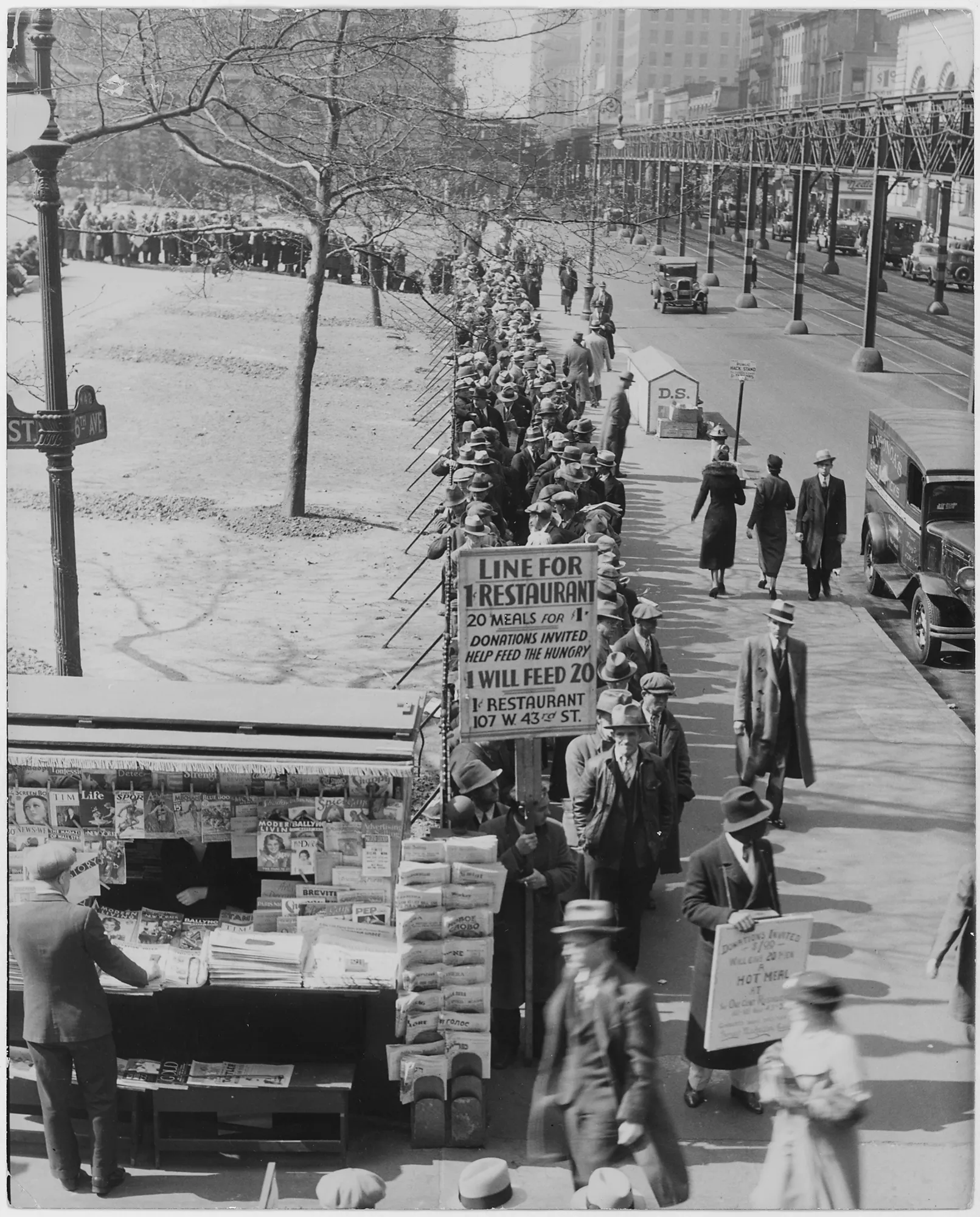Long line of people standing in a breadline waiting to receive food assistance during the Great Depression in New York City