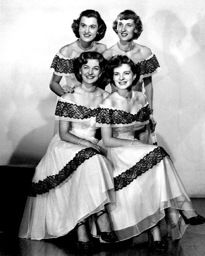 Black and white publicity photo of the four members of The Chordettes.