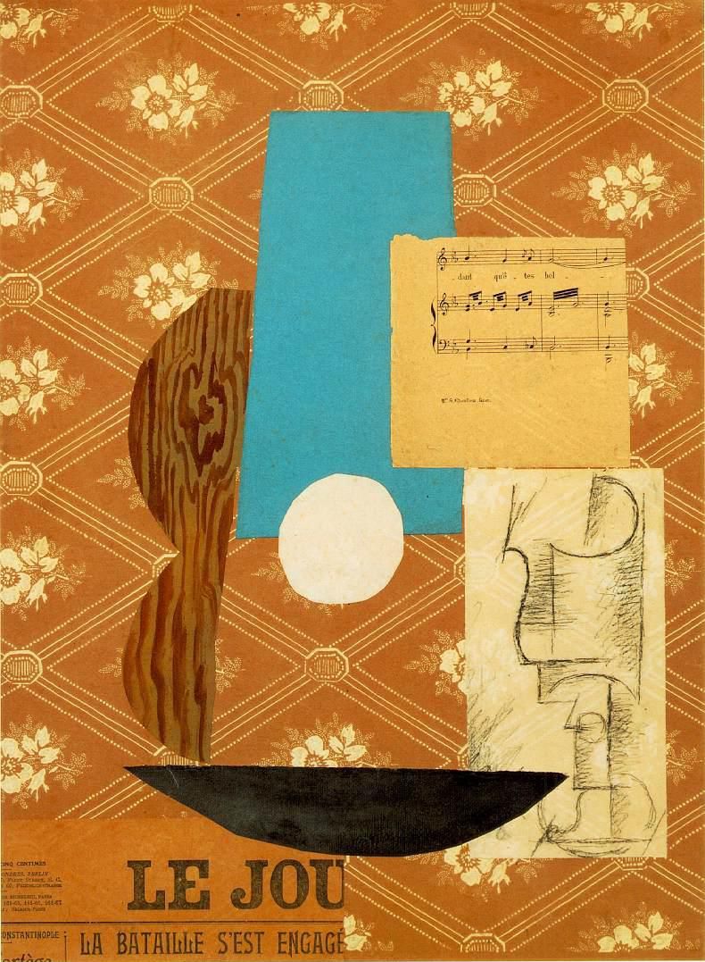 A primarily orange, abstract Picasso piece featuring a scrap of sheet music