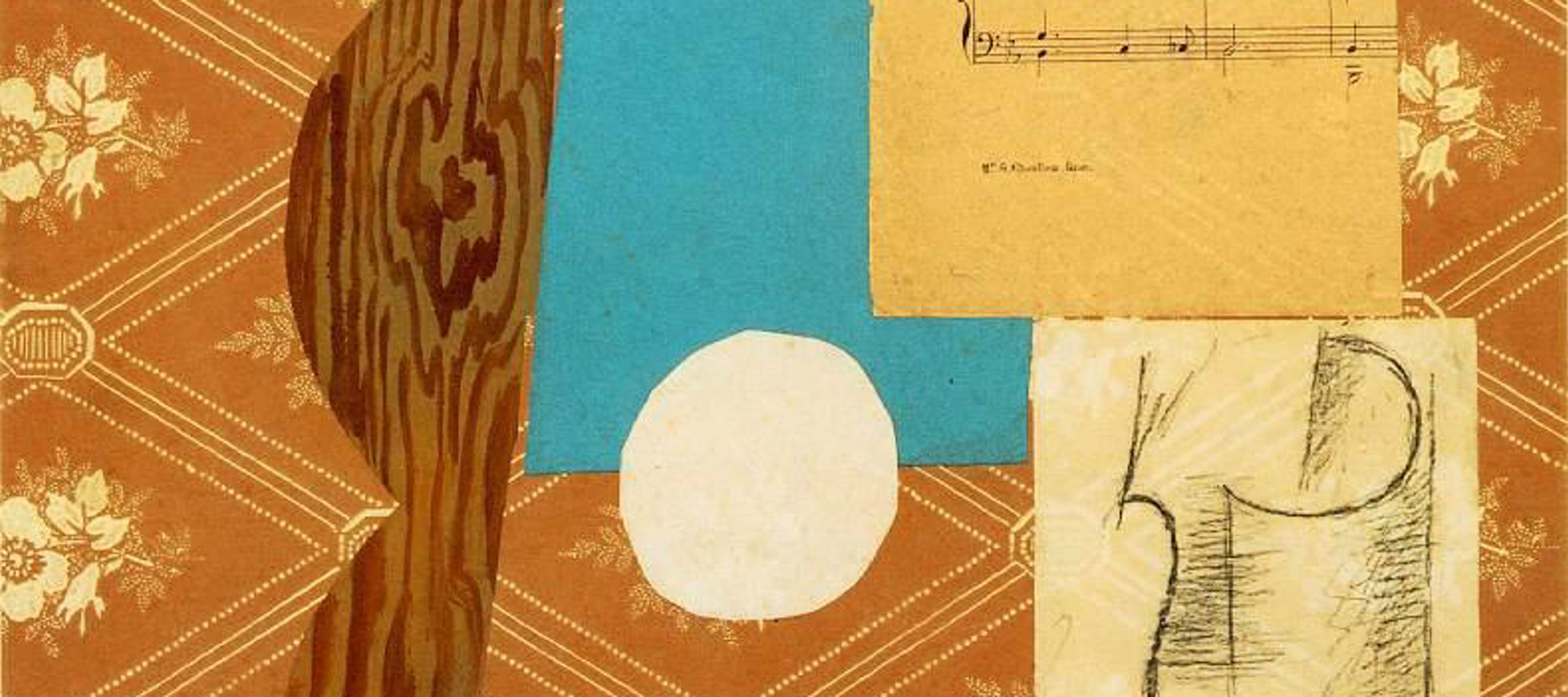 A primarily orange, abstract Picasso piece featuring a scrap of sheet music