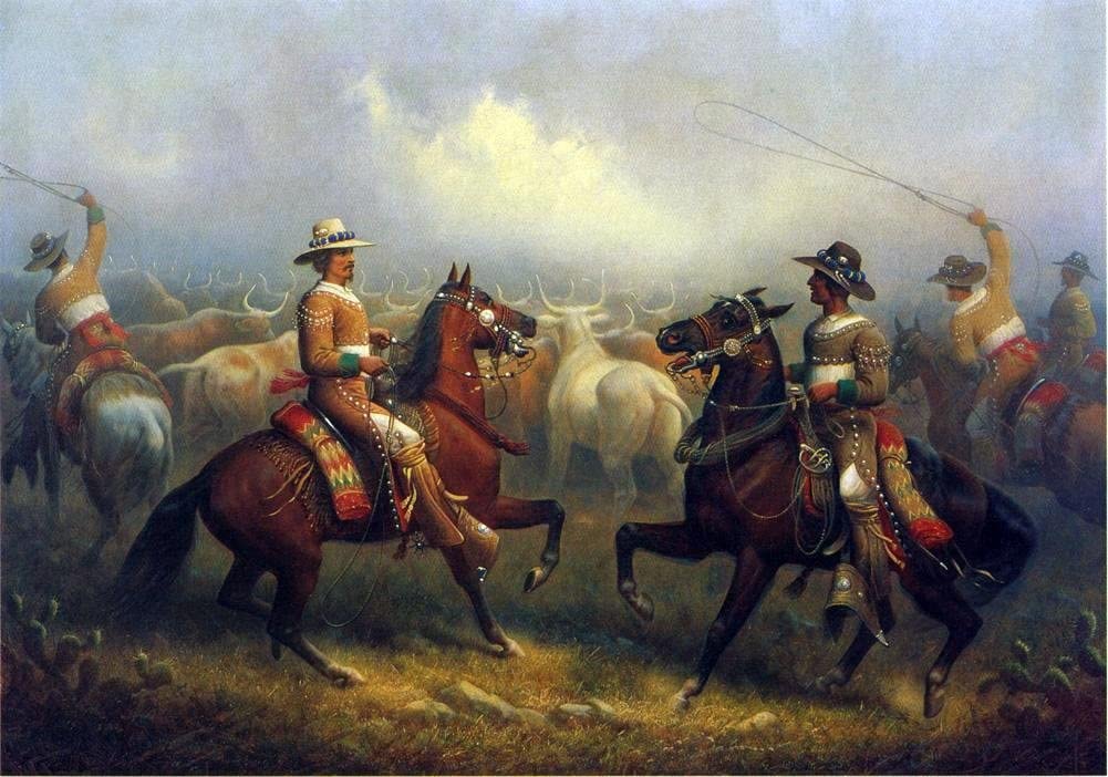 Painting of two vaqueros on horseback rounding cattle