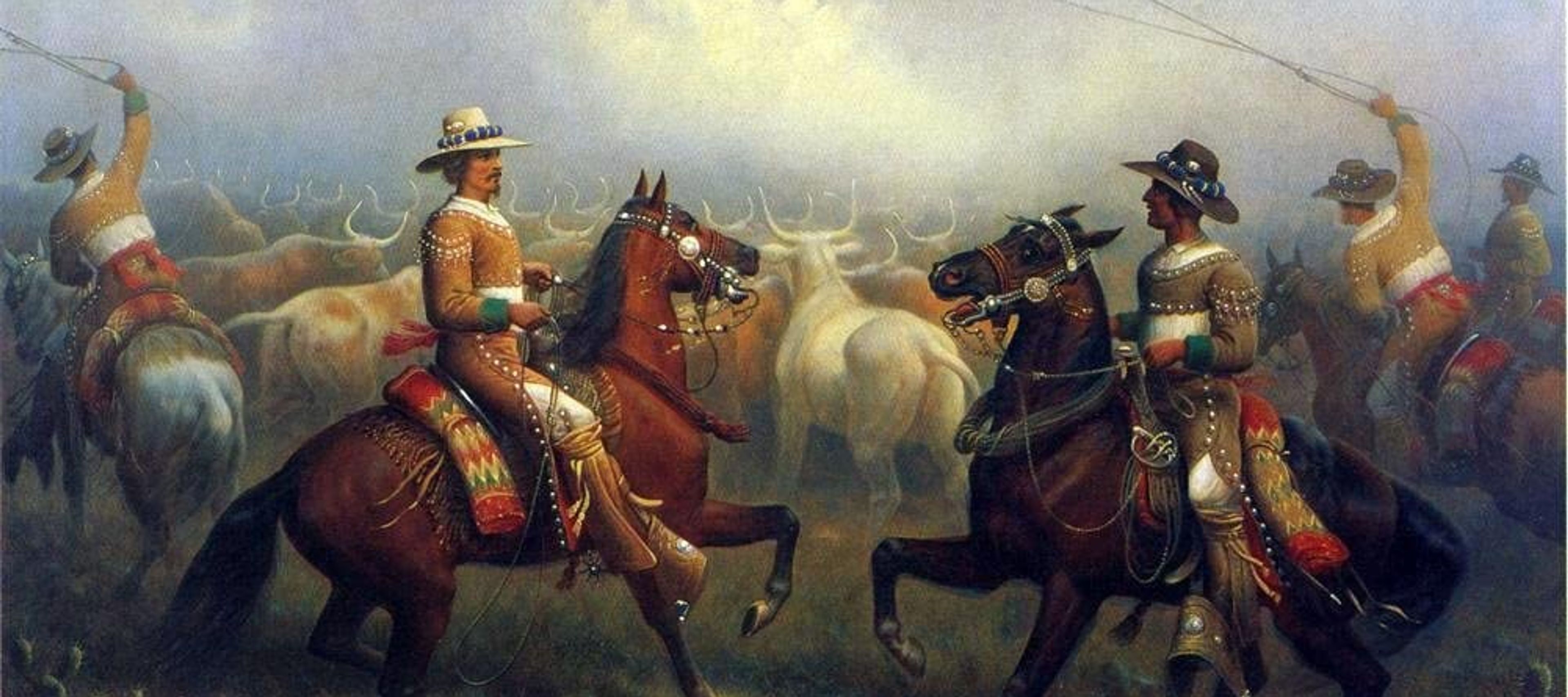 Painting of two vaqueros on horseback rounding cattle