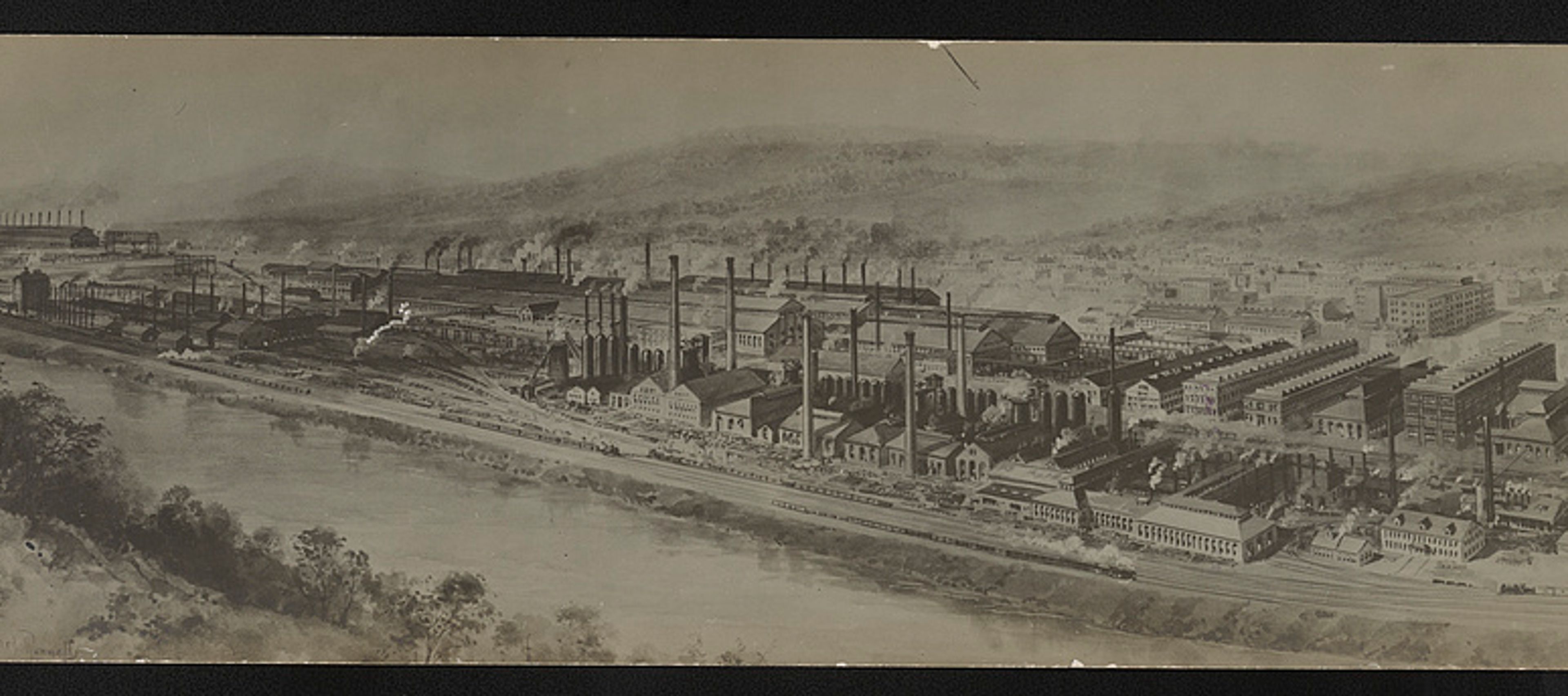 This is a historical, sepia-toned panoramic illustration depicting a sprawling industrial complex, likely a steel mill or large manufacturing plant, situated along a river.