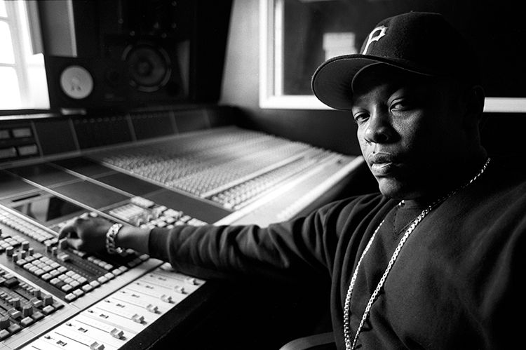 Dr. Dre black and white photo on a soundboard