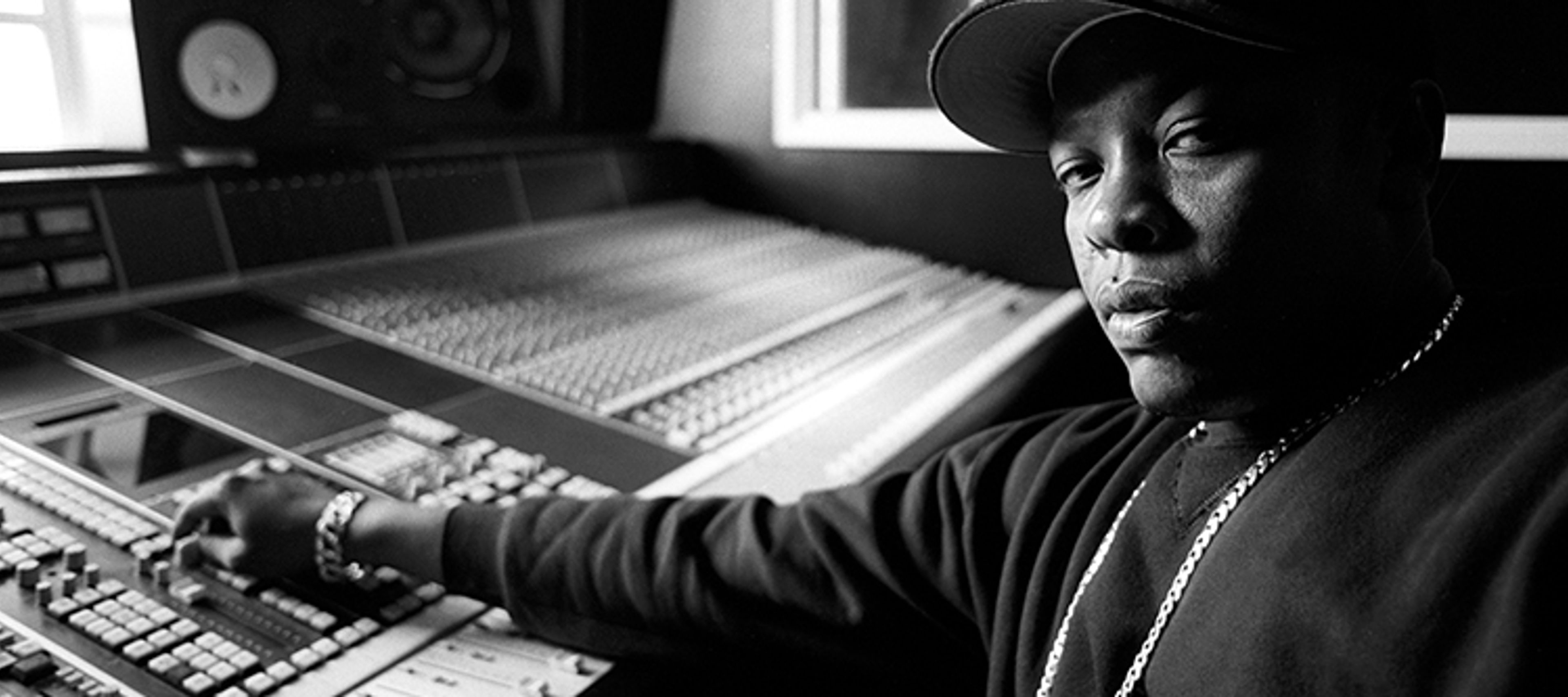 Dr. Dre black and white photo on a soundboard
