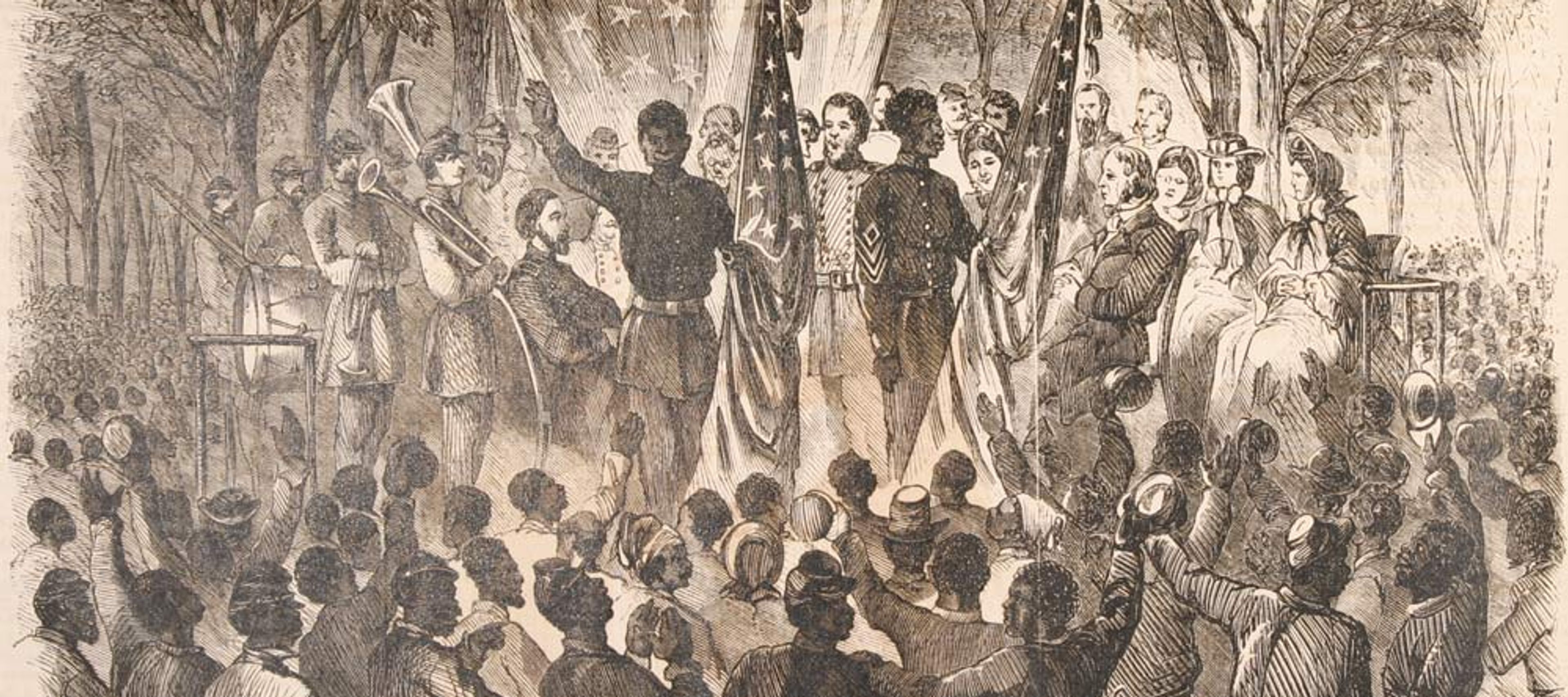 An archival black-and-white wood engraving titled "Emancipation Day in South Carolina." The illustration depicts a large, celebratory gathering at Smith’s Plantation on Port Royal Island on January 1, 1863. At the center of the scene, a Black soldier—identified in the caption as the Color-Sergeant of the 1st South Carolina (Colored) Volunteers—stands on a raised platform, gesturing with one arm raised as he addresses a massive crowd. He is flanked by other soldiers holding upright American flags. Behind the speaker, a brass band with horns and drums is visible, along with several seated and standing white and Black observers under the shade of large trees. In the background, a massive American flag is draped horizontally between the trees. The foreground is filled with the backs of a dense crowd of Black men, women, and children, many with their hands raised in celebration or holding hats in the air. The caption at the bottom provides historical context, noting the event followed the presentation of the "Stars and Stripes" to the regiment.