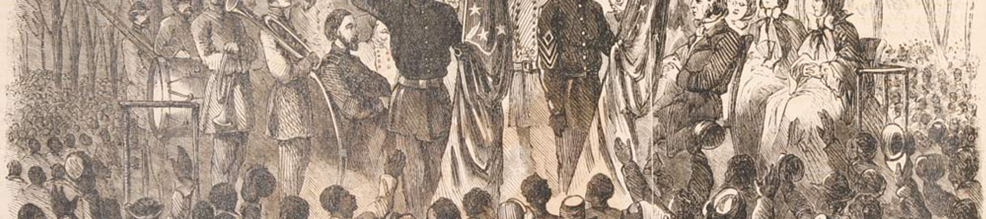 An archival black-and-white wood engraving titled "Emancipation Day in South Carolina." The illustration depicts a large, celebratory gathering at Smith’s Plantation on Port Royal Island on January 1, 1863. At the center of the scene, a Black soldier—identified in the caption as the Color-Sergeant of the 1st South Carolina (Colored) Volunteers—stands on a raised platform, gesturing with one arm raised as he addresses a massive crowd. He is flanked by other soldiers holding upright American flags. Behind the speaker, a brass band with horns and drums is visible, along with several seated and standing white and Black observers under the shade of large trees. In the background, a massive American flag is draped horizontally between the trees. The foreground is filled with the backs of a dense crowd of Black men, women, and children, many with their hands raised in celebration or holding hats in the air. The caption at the bottom provides historical context, noting the event followed the presentation of the "Stars and Stripes" to the regiment.