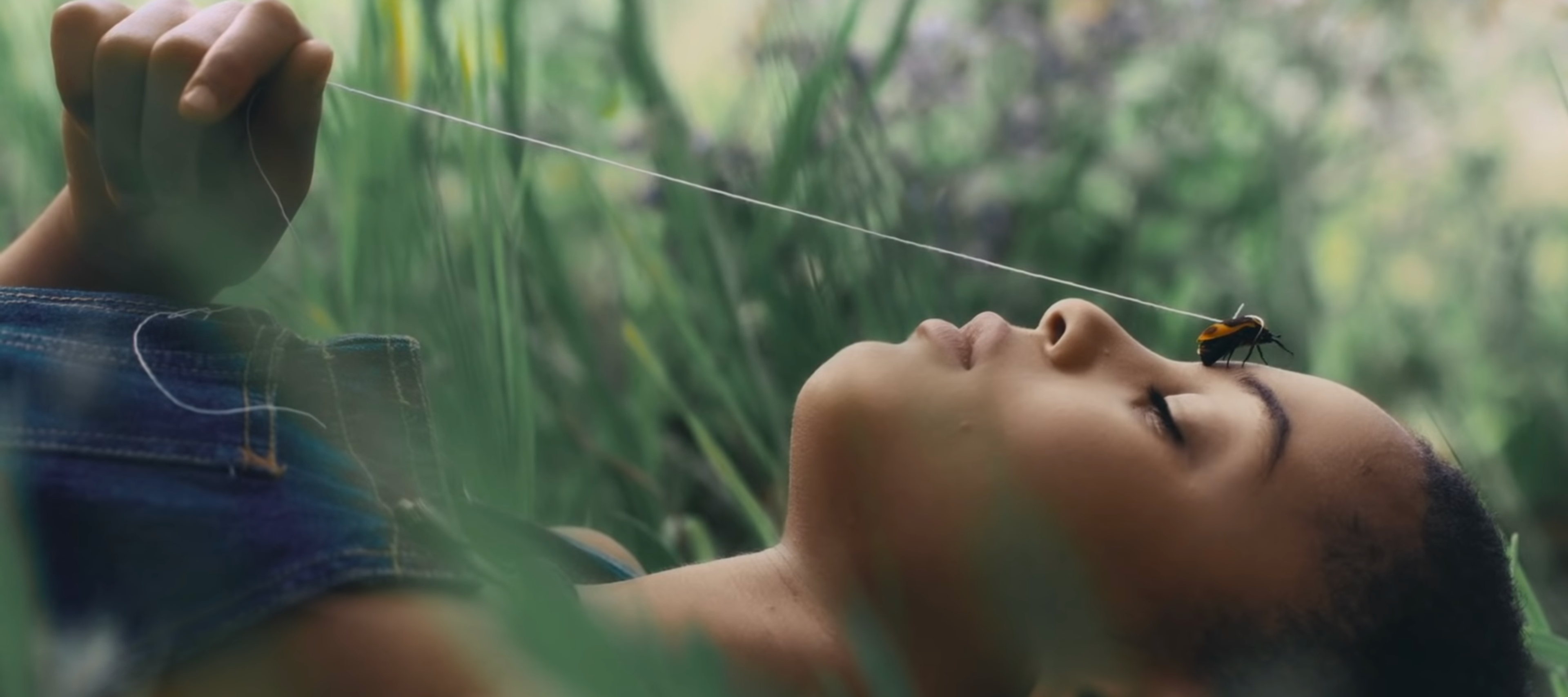 A cinematic, close-up profile shot of a person lying peacefully on their back in a lush, green meadow.