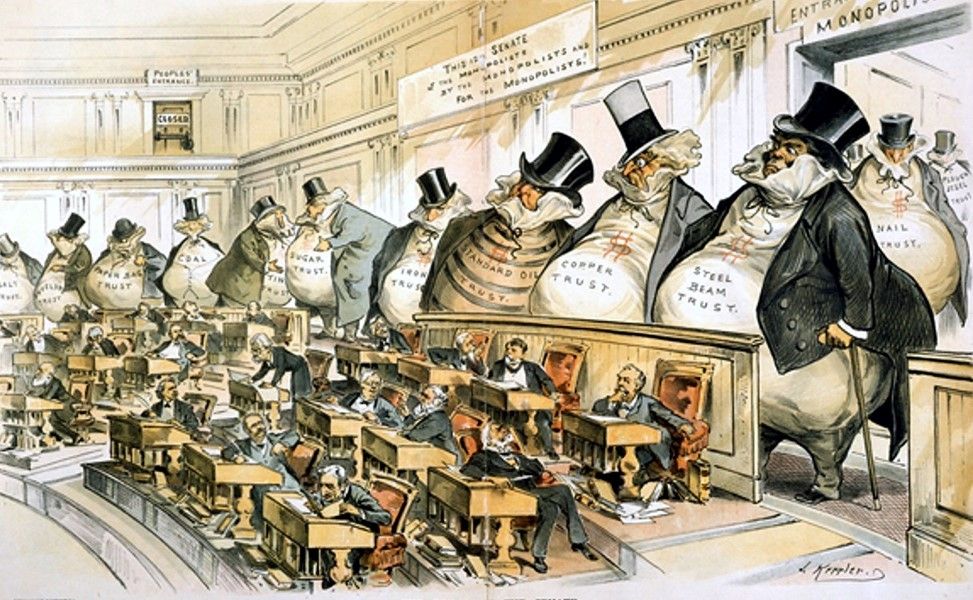This is the famous 1889 political cartoon titled "The Bosses of the Senate" by Joseph Keppler.  The illustration depicts the United States Senate chamber, split into two distinct levels of power:  The Senate Floor: In the foreground, dozens of small, diminutive Senators sit at their desks, looking overwhelmed, distracted, or subservient.  The "Bosses": Looming over the Senators in the back of the room is a row of massive, bloated figures shaped like money bags. These giants represent the various industrial monopolies of the Gilded Age, with labels across their stomachs such as "Standard Oil Trust," "Copper Trust," "Steel Beam Trust," and "Sugar Trust."  The Entrances: On the far left, a small door labeled "People’s Entrance" is barred and carries a "Closed" sign. Meanwhile, the giants enter through a large, wide-open door on the right labeled "Entrance for Monopolists."  The Banner: Hanging on the back wall is a sign that reads: "This is a Senate of the Monopolists, by the Monopolists, and for the Monopolists!"—a cynical play on the Gettysburg Address.  The cartoon is a biting critique of corporate influence on the American legislative process, suggesting that the government of the era served the interests of wealthy trusts rather than the general public.
