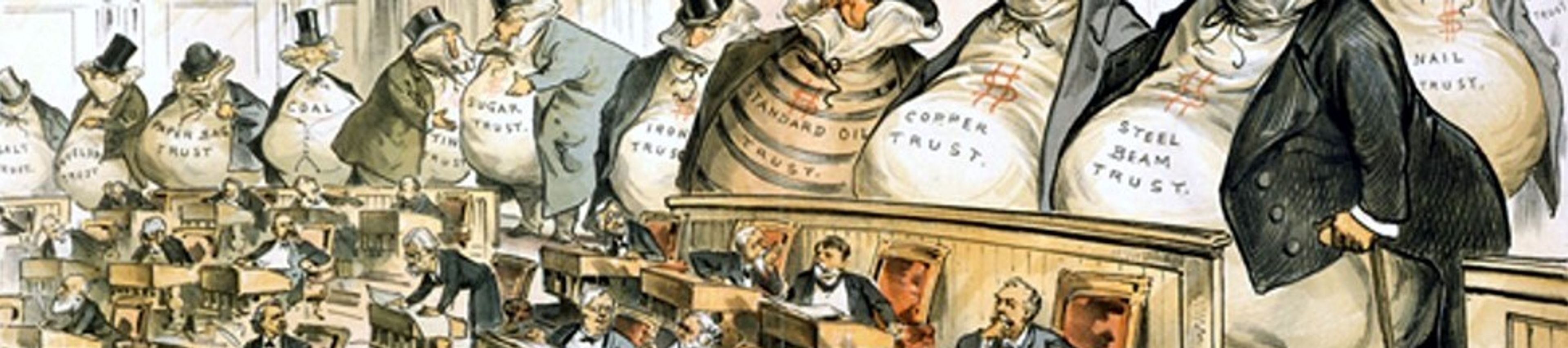 This is the famous 1889 political cartoon titled "The Bosses of the Senate" by Joseph Keppler. The illustration depicts the United States Senate chamber, split into two distinct levels of power: The Senate Floor: In the foreground, dozens of small, diminutive Senators sit at their desks, looking overwhelmed, distracted, or subservient. The "Bosses": Looming over the Senators in the back of the room is a row of massive, bloated figures shaped like money bags. These giants represent the various industrial monopolies of the Gilded Age, with labels across their stomachs such as "Standard Oil Trust," "Copper Trust," "Steel Beam Trust," and "Sugar Trust." The Entrances: On the far left, a small door labeled "People’s Entrance" is barred and carries a "Closed" sign. Meanwhile, the giants enter through a large, wide-open door on the right labeled "Entrance for Monopolists." The Banner: Hanging on the back wall is a sign that reads: "This is a Senate of the Monopolists, by the Monopolists, and for the Monopolists!"—a cynical play on the Gettysburg Address. The cartoon is a biting critique of corporate influence on the American legislative process, suggesting that the government of the era served the interests of wealthy trusts rather than the general public.