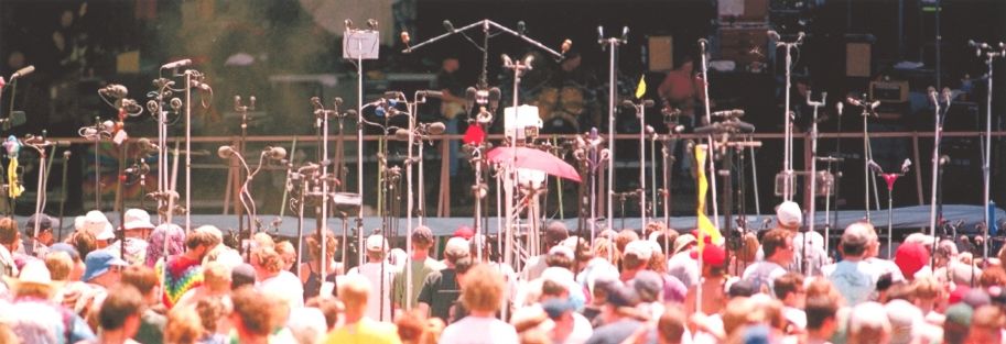 A wide, outdoor concert scene featuring a dense, overwhelming cluster of microphone stands and boom arms in the foreground that partially obstruct the view of the stage. Behind this "forest" of microphones, band members are visible on stage, with a large crowd gathered in front of them under the bright sun, typical of an outdoor music festival.