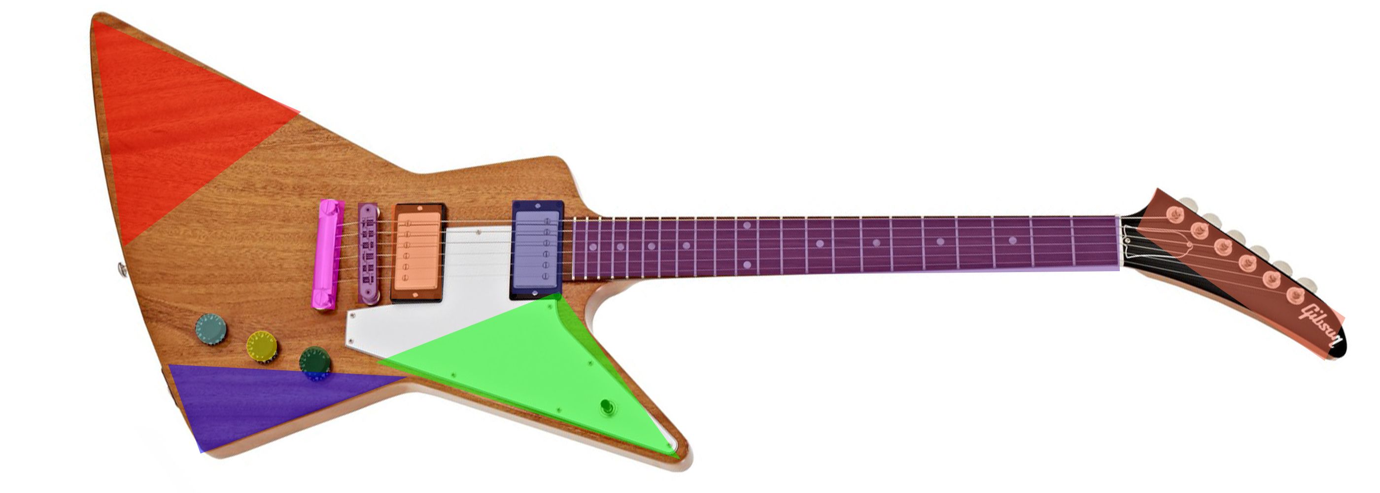 An electric guitar with a light brown wood body and a pointed, angular shape. The guitar is decorated with several large, brightly colored geometric shapes in red, green, and purple. The fretboard is a dark purple color, and the headstock is brown with white tuning pegs. The guitar has two pickups, one peach-colored and one light blue, and three control knobs in teal, yellow, and dark green. A white pickguard is partially covered by a green triangle.