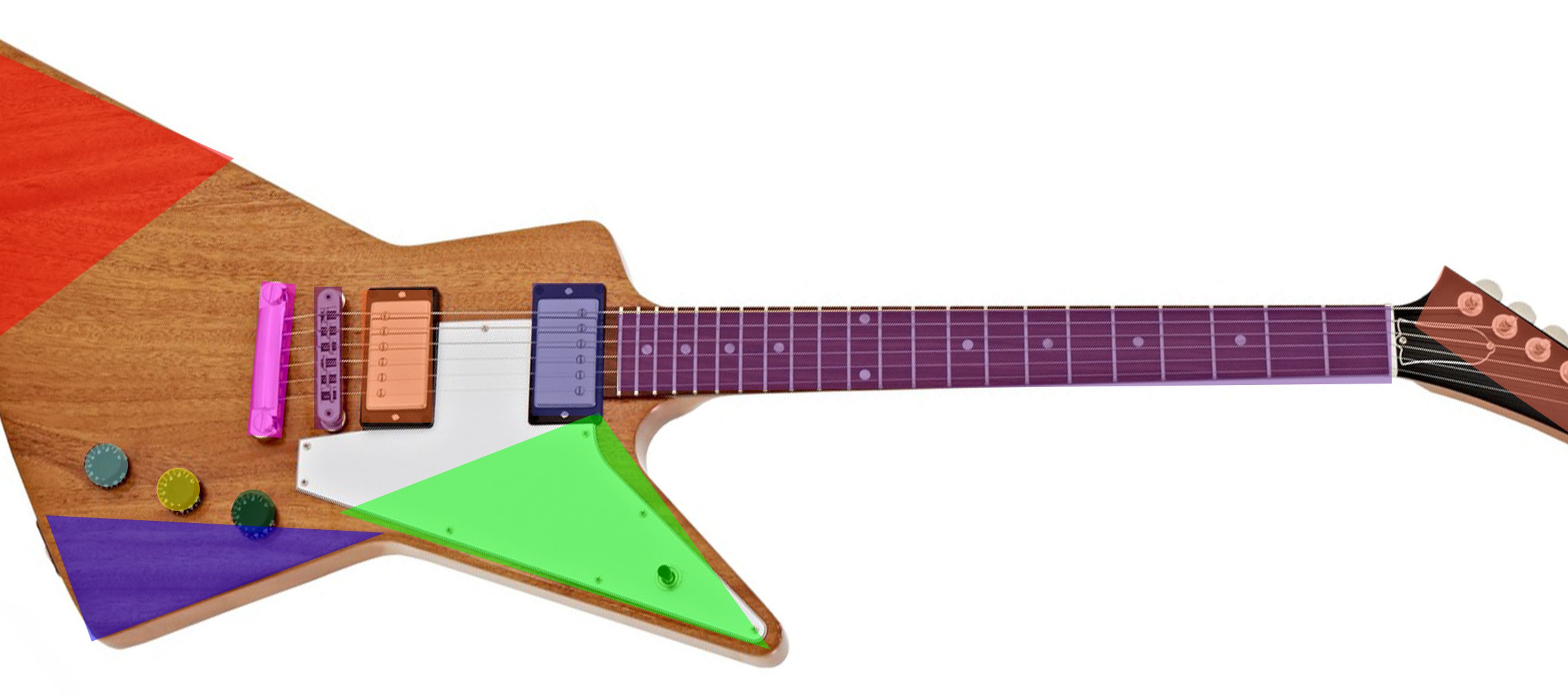 An electric guitar with a light brown wood body and a pointed, angular shape. The guitar is decorated with several large, brightly colored geometric shapes in red, green, and purple. The fretboard is a dark purple color, and the headstock is brown with white tuning pegs. The guitar has two pickups, one peach-colored and one light blue, and three control knobs in teal, yellow, and dark green. A white pickguard is partially covered by a green triangle.