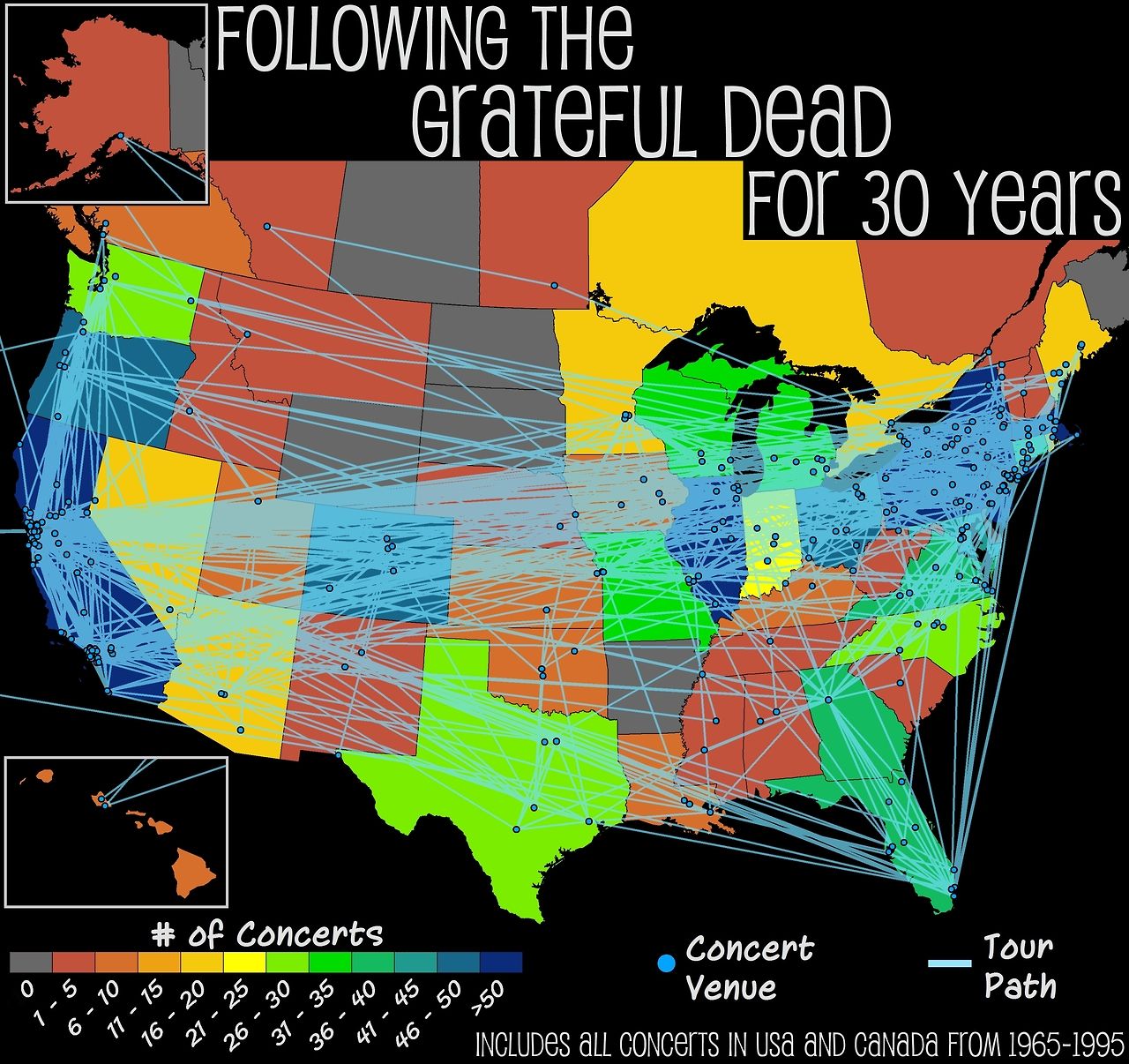 30-year map following the Grateful Dead's tour paths, venues and concerts across the United States