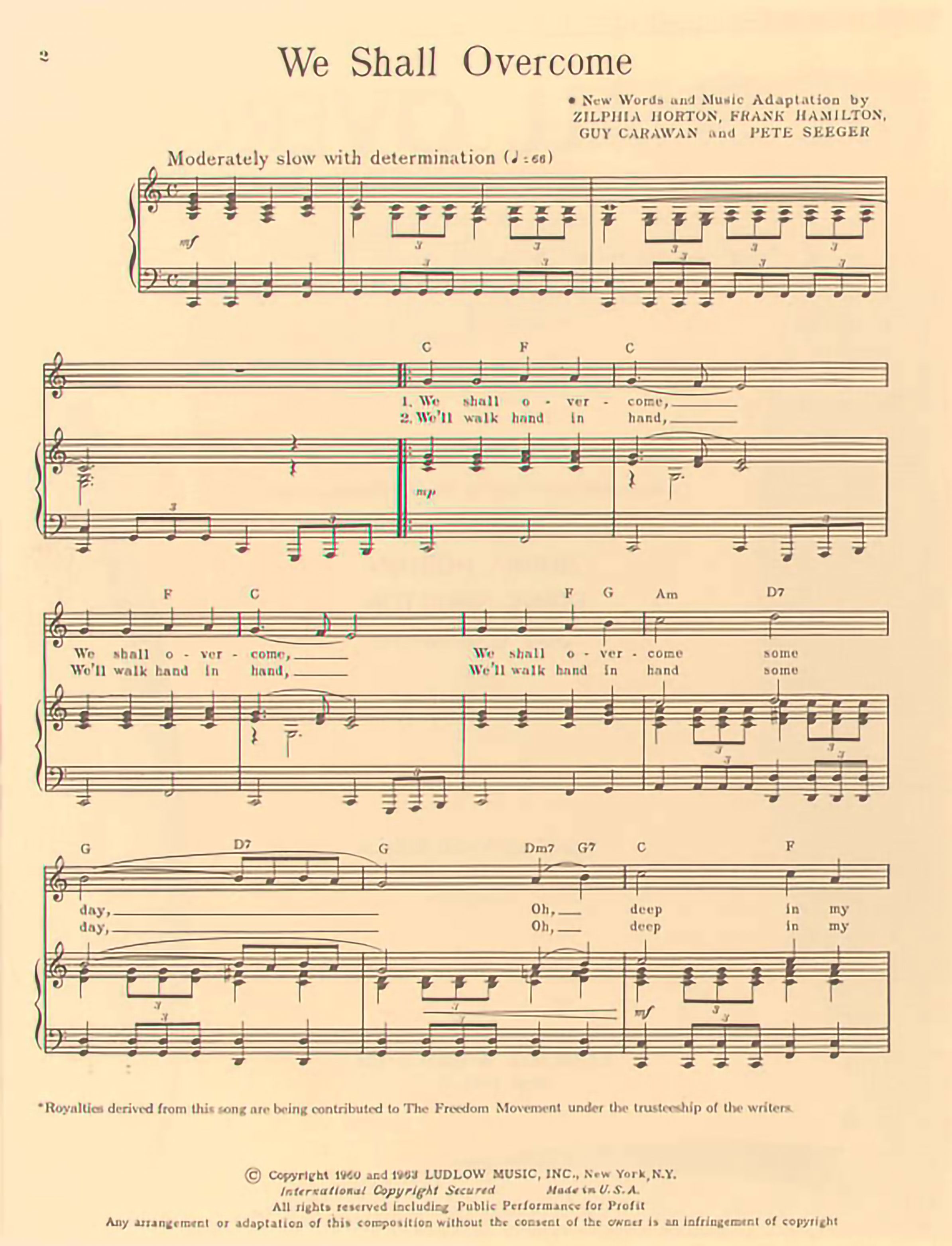 Music sheet for lyrics and musical notes for "We Shall Overcome"