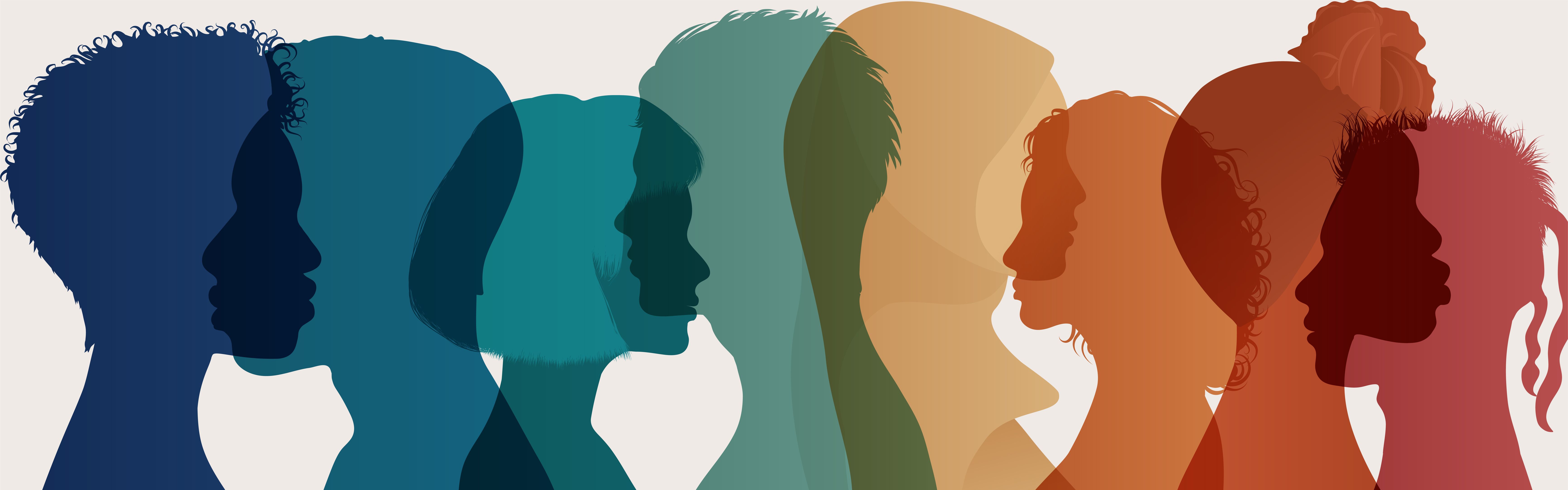 The image features a series of human silhouettes arranged in a horizontal line, facing toward the right. The silhouettes are stylized and overlapping, creating a sense of connection and unity. They are rendered in a gradient of warm and cool colors—transitioning from deep blues on the left, through teals and greens, to yellows, oranges, and deep reds on the right. The various hairstyles and profiles suggest a diverse group of individuals, emphasizing themes of diversity, inclusivity, and humanity.