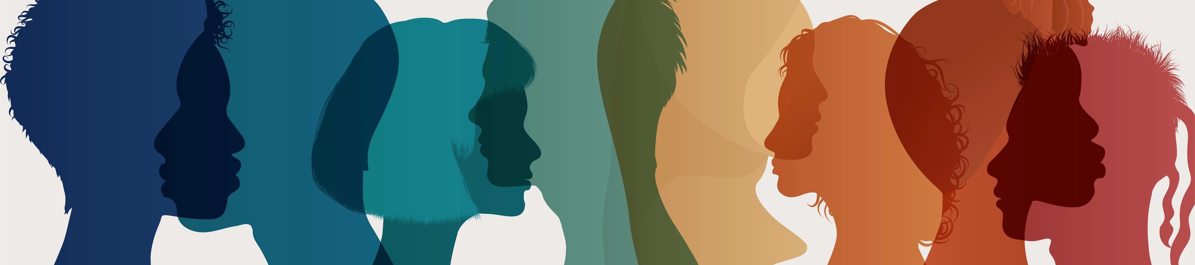 The image features a series of human silhouettes arranged in a horizontal line, facing toward the right. The silhouettes are stylized and overlapping, creating a sense of connection and unity. They are rendered in a gradient of warm and cool colors—transitioning from deep blues on the left, through teals and greens, to yellows, oranges, and deep reds on the right. The various hairstyles and profiles suggest a diverse group of individuals, emphasizing themes of diversity, inclusivity, and humanity.