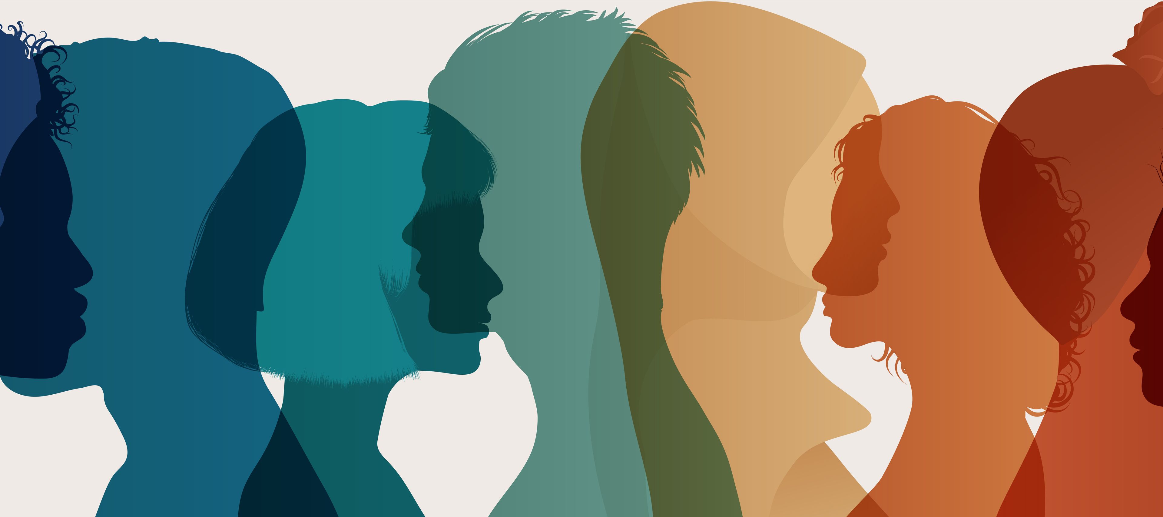 The image features a series of human silhouettes arranged in a horizontal line, facing toward the right. The silhouettes are stylized and overlapping, creating a sense of connection and unity. They are rendered in a gradient of warm and cool colors—transitioning from deep blues on the left, through teals and greens, to yellows, oranges, and deep reds on the right. The various hairstyles and profiles suggest a diverse group of individuals, emphasizing themes of diversity, inclusivity, and humanity.
