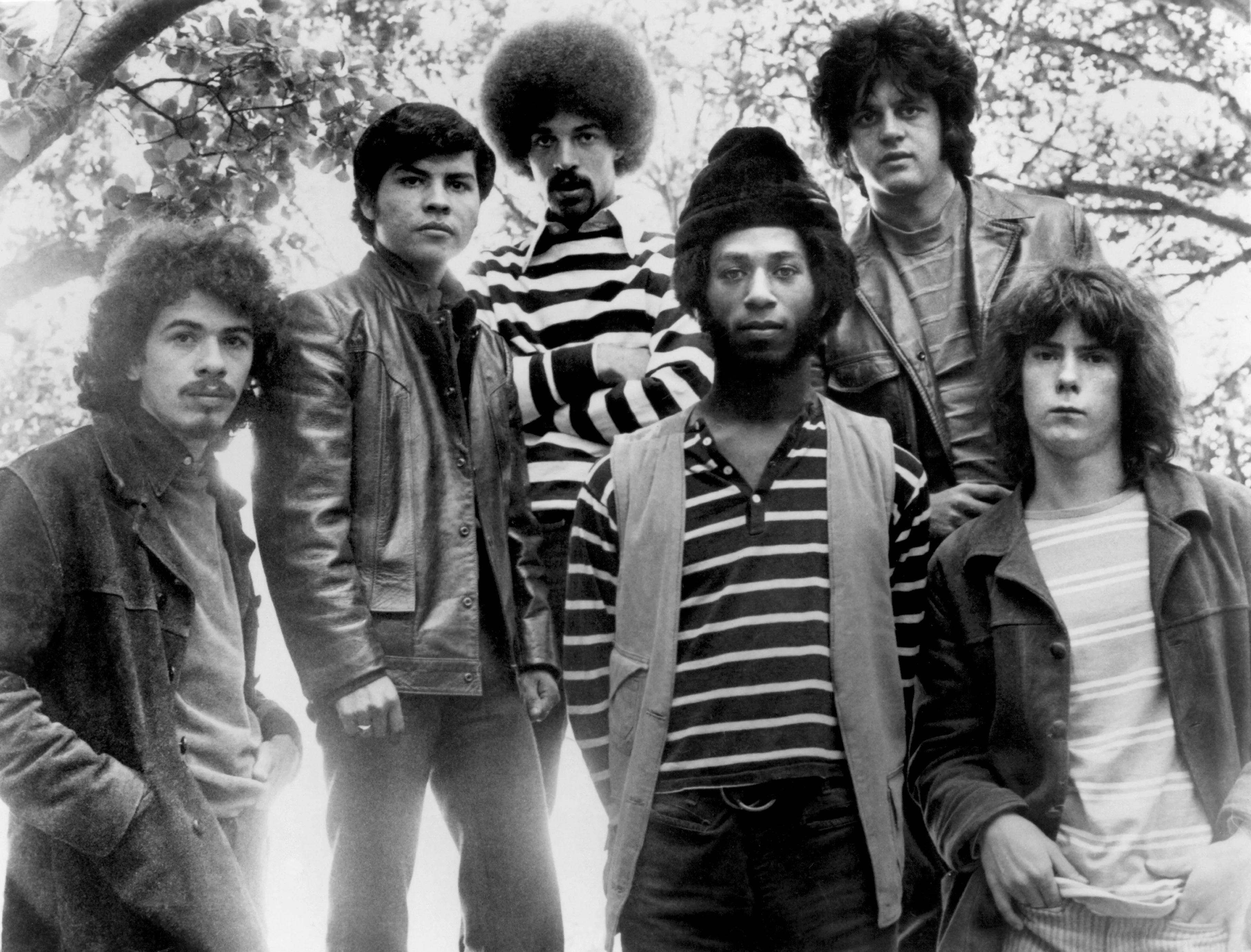 Black and white group press photo of the band Santana from 1969.