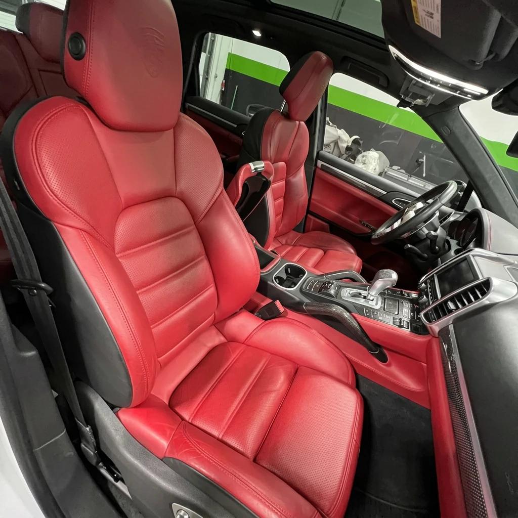 Interior Steam Detail Red Leather — professional auto detailing work completed at Fresh Auto Spa in Port Chester, NY