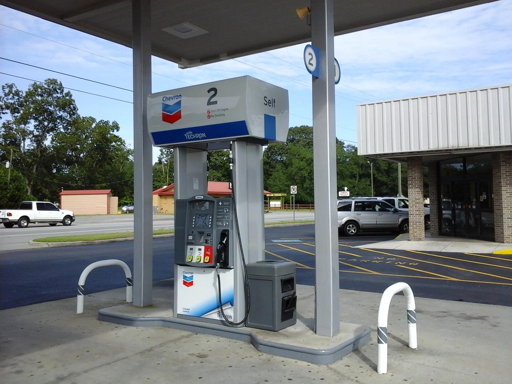 Chevron dispenser with a pump number 2 topper under a canopy