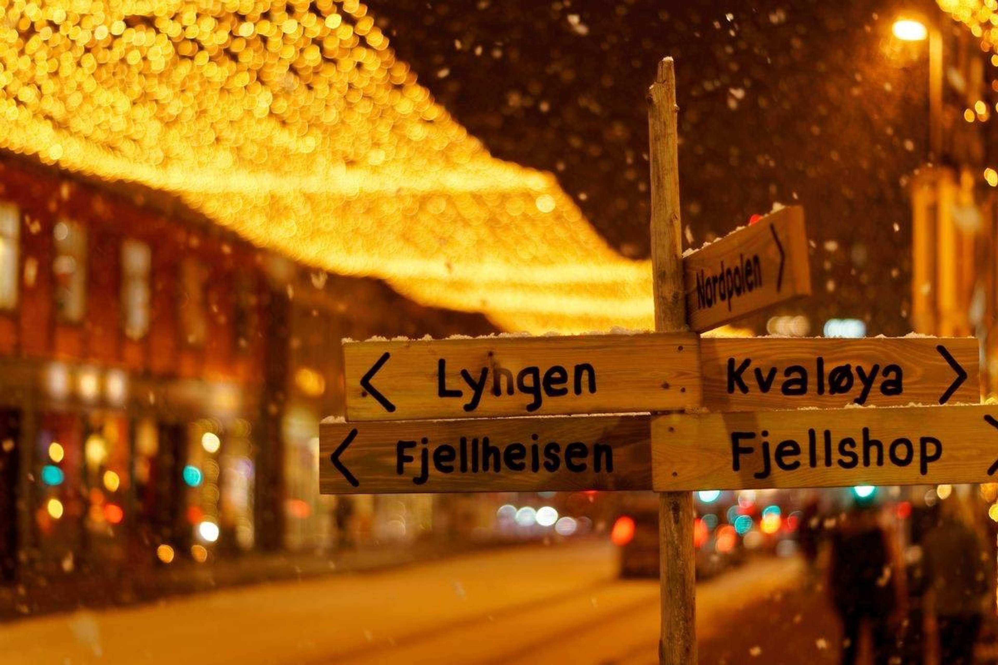 Treskilt med piler mot Lyngen, Kvaløya og Fjellheisen under julelys en snøkveld
