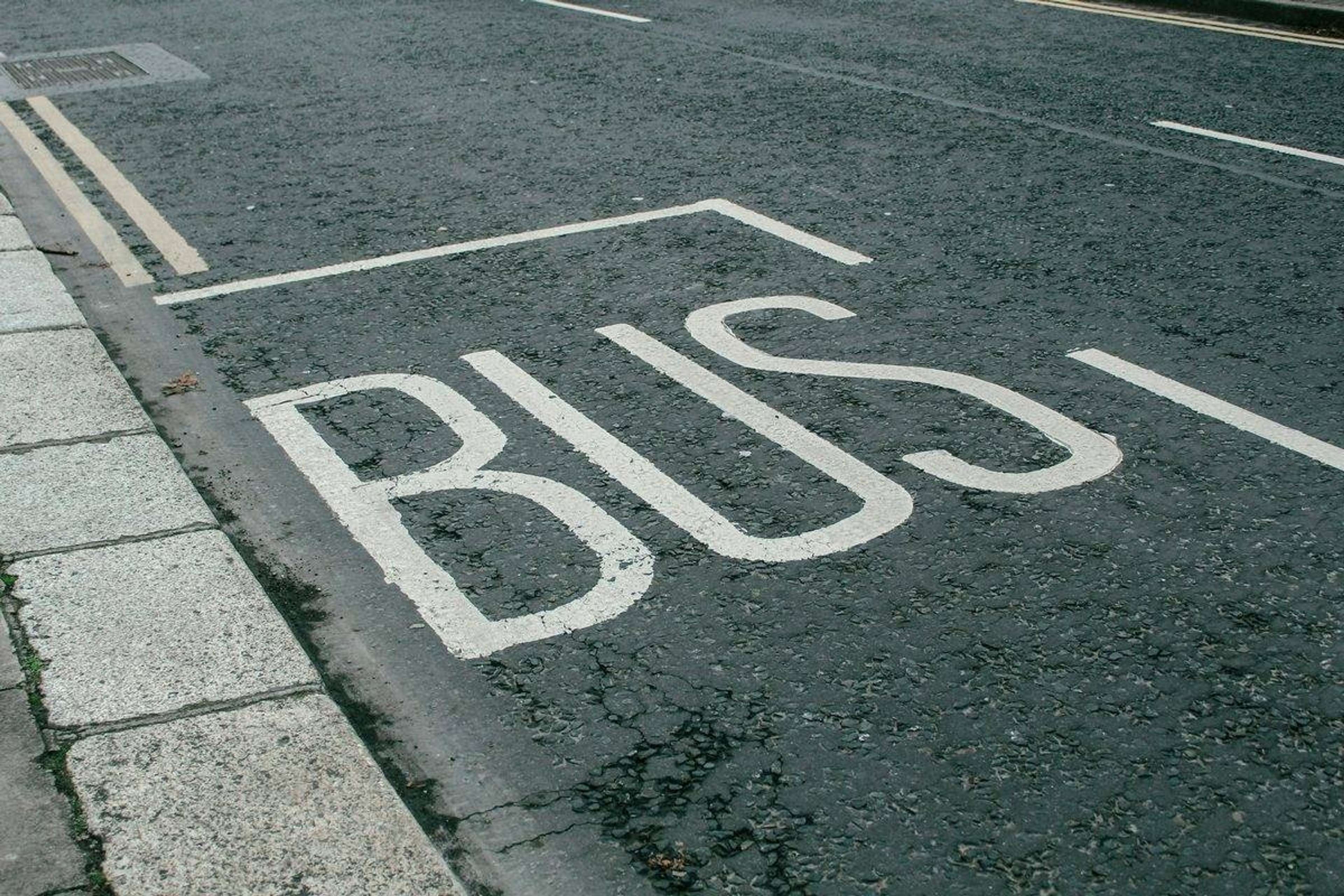 Ordet BUS malt i hvitt på mørk asfalt ved en fortauskant