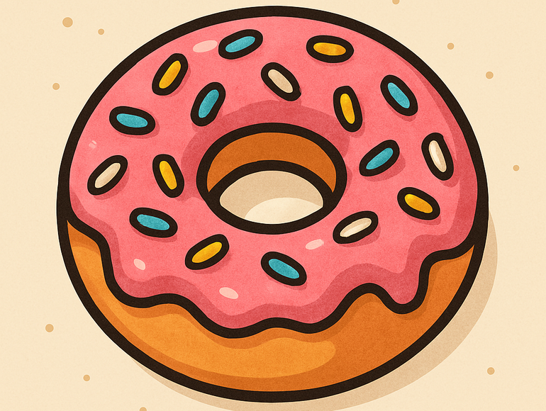 Tecknad donut med rosa glasyr och färgglada strössel, illustrerad i en lekfull stil mot en ljus bakgrund.