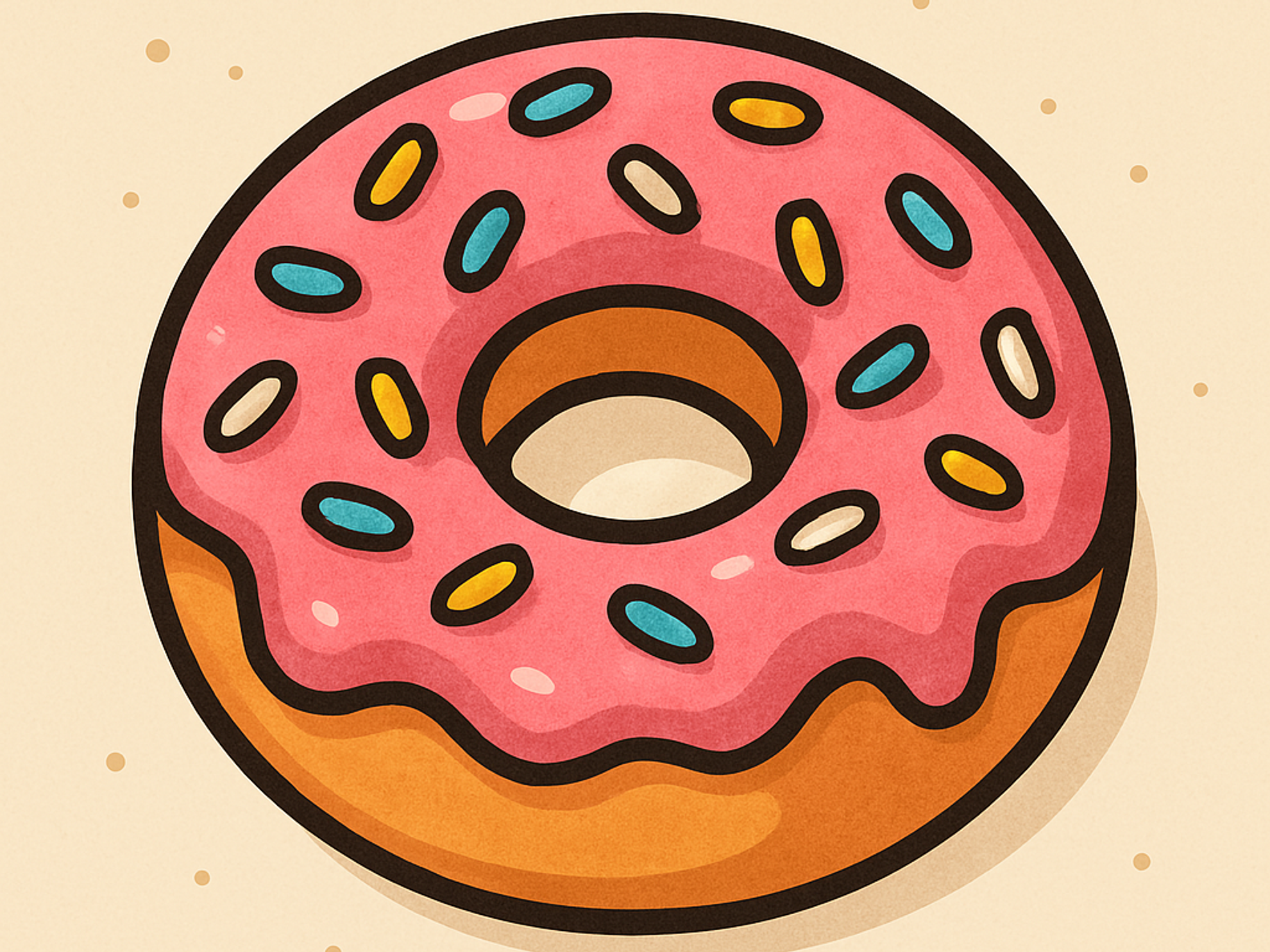 Tecknad donut med rosa glasyr och färgglada strössel, illustrerad i en lekfull stil mot en ljus bakgrund.