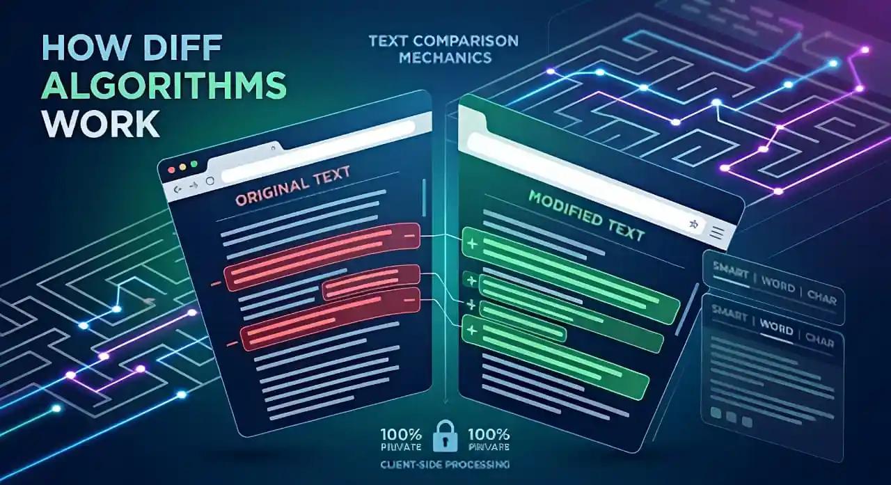 A modern digital illustration explaining "HOW DIFF ALGORITHMS WORK" for "TEXT COMPARISON MECHANICS". It features a futuristic split-screen interface set against a complex, glowing network of connected data points and lines. The left panel is titled "ORIGINAL TEXT" with lines of text and red minus signs (-) indicating deletions. The right panel is titled "MODIFIED TEXT" with lines and green plus signs (+) indicating additions. Glowing purple and blue lines trace connections between matched text segments. Bottom text highlights "100% PRIVATE" and "CLIENT-SIDE PROCESSING" with a padlock icon. Control buttons on the right show "SMART | WORD | CHAR" options.
