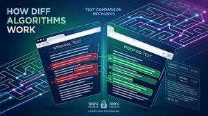 A modern digital illustration explaining "HOW DIFF ALGORITHMS WORK" for "TEXT COMPARISON MECHANICS". It features a futuristic split-screen interface set against a complex, glowing network of connected data points and lines. The left panel is titled "ORIGINAL TEXT" with lines of text and red minus signs (-) indicating deletions. The right panel is titled "MODIFIED TEXT" with lines and green plus signs (+) indicating additions. Glowing purple and blue lines trace connections between matched text segments. Bottom text highlights "100% PRIVATE" and "CLIENT-SIDE PROCESSING" with a padlock icon. Control buttons on the right show "SMART | WORD | CHAR" options.