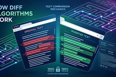 A modern digital illustration explaining "HOW DIFF ALGORITHMS WORK" for "TEXT COMPARISON MECHANICS". It features a futuristic split-screen interface set against a complex, glowing network of connected data points and lines. The left panel is titled "ORIGINAL TEXT" with lines of text and red minus signs (-) indicating deletions. The right panel is titled "MODIFIED TEXT" with lines and green plus signs (+) indicating additions. Glowing purple and blue lines trace connections between matched text segments. Bottom text highlights "100% PRIVATE" and "CLIENT-SIDE PROCESSING" with a padlock icon. Control buttons on the right show "SMART | WORD | CHAR" options.
