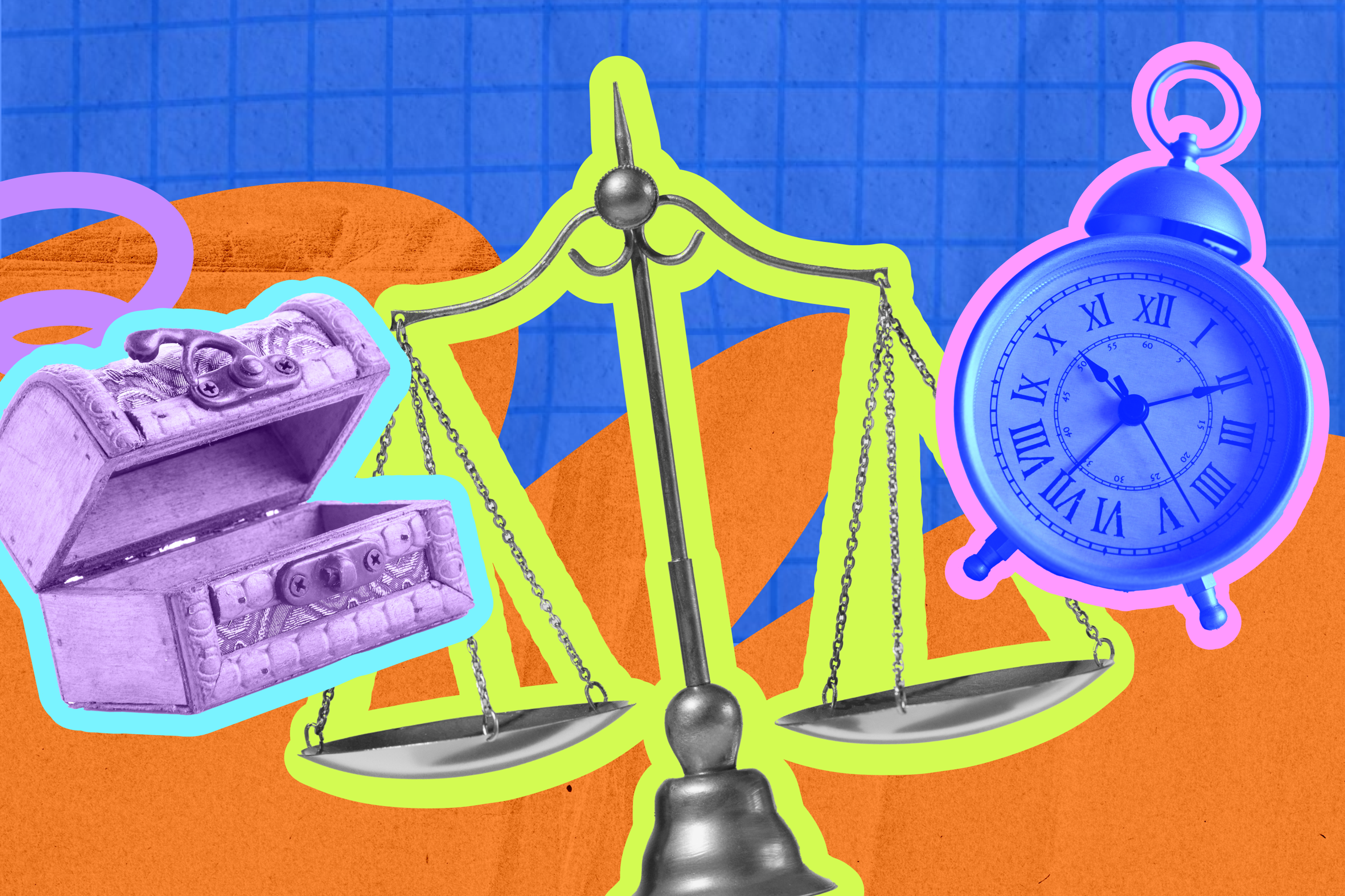 Image of treasure chest, scales and a pocket watch on a blue and orange background