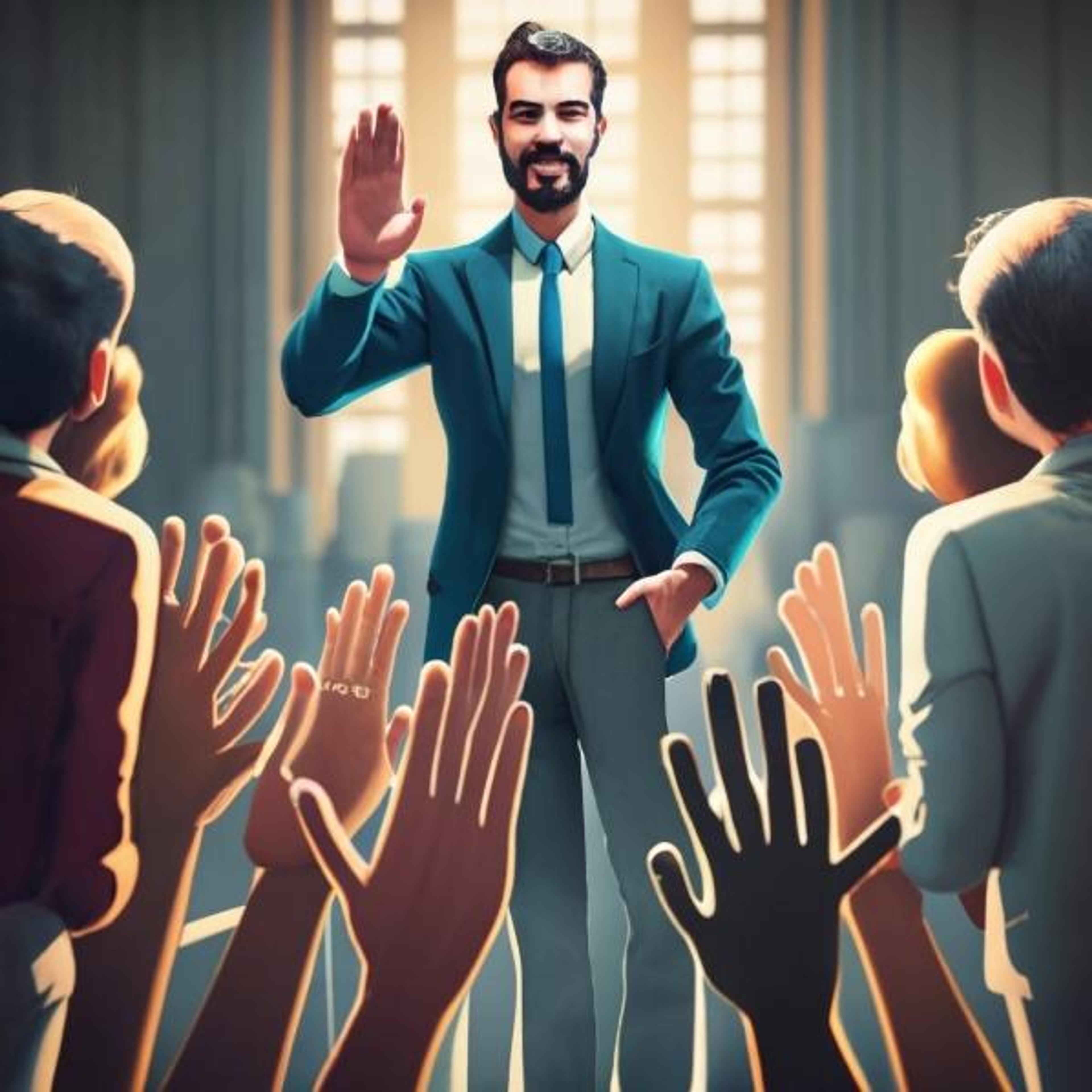 Made on ideogram, prompt: careers consultant leading a pack of students, making them take an oath by putting their hands up, all together, 3d render, poster