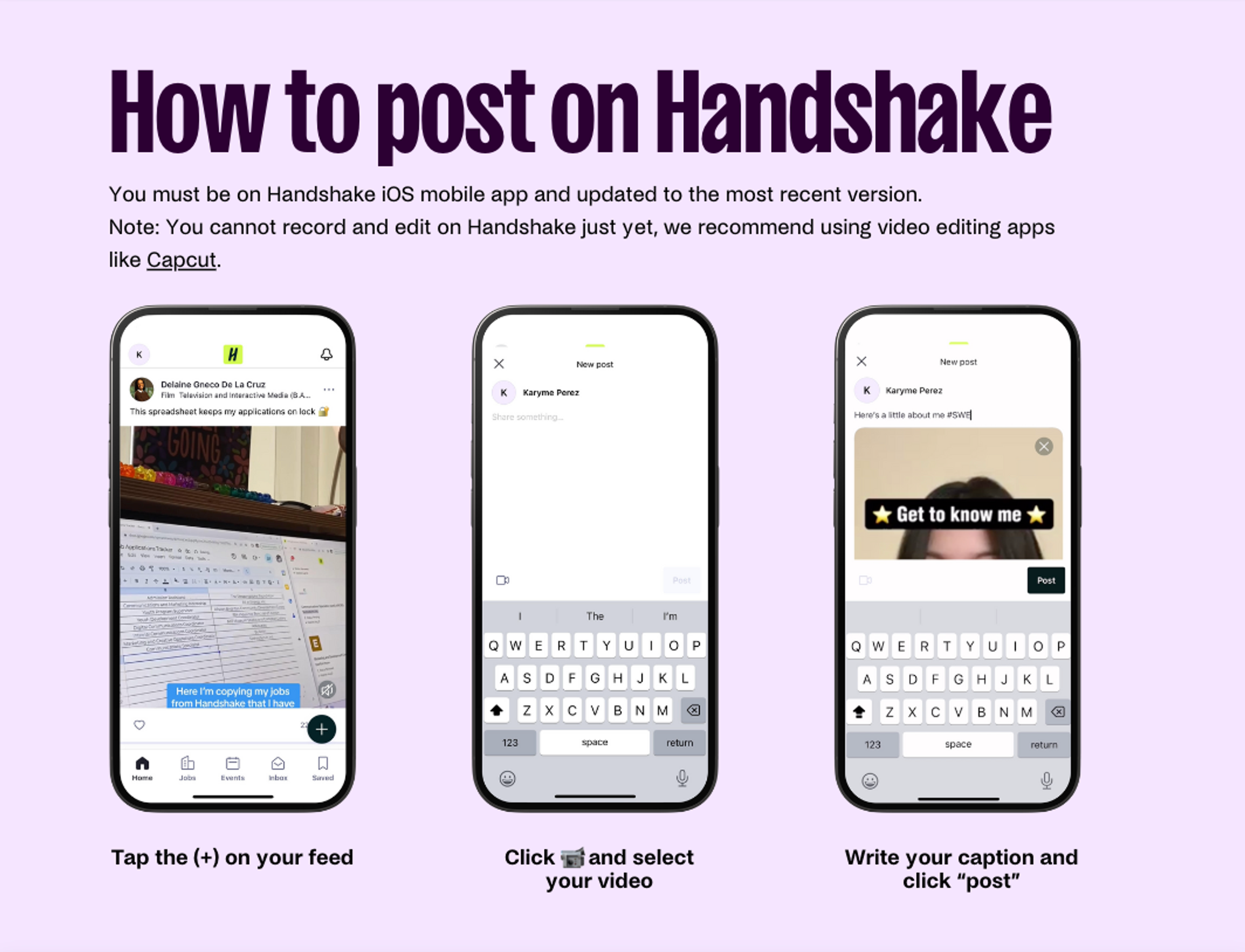 Handshake mobile app screenshots set against a lilac background show how to add, select, caption, and post content on the content feed 