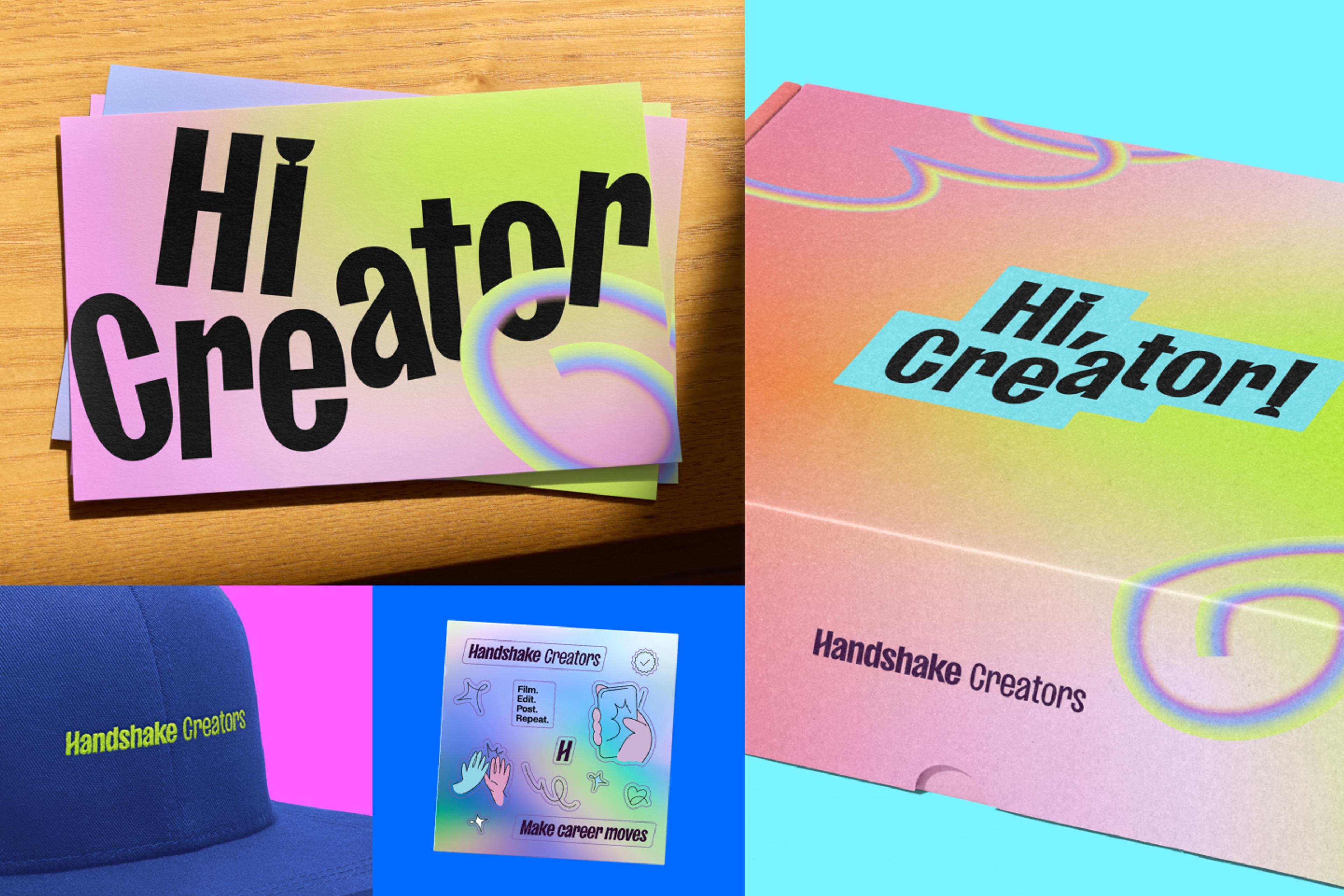 four example images that show a box, hat, sticker set, and postcard saying "hi, creator"  or "Handshake Creators" respectively.