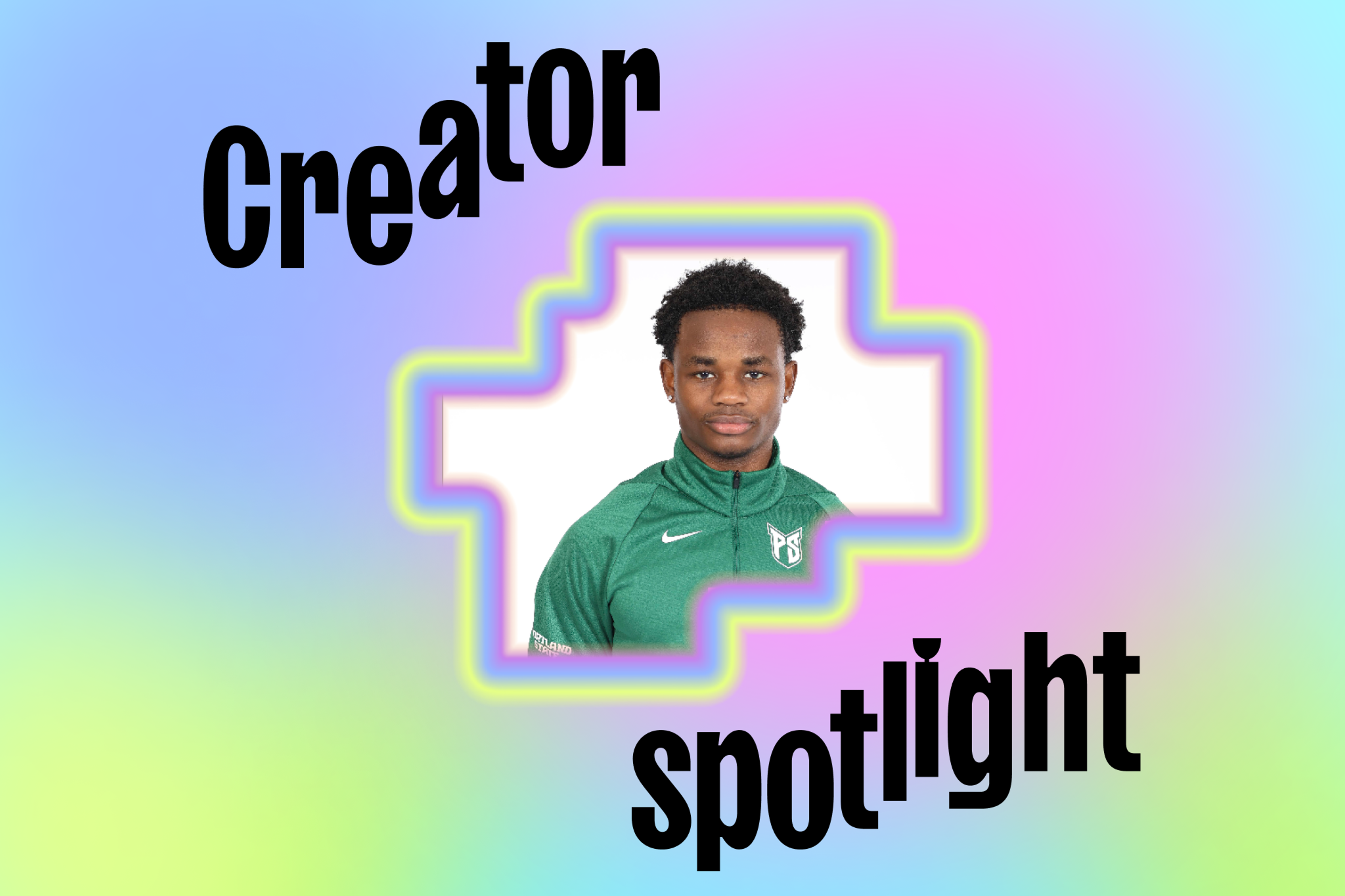 A student wearing a track and field uniform looks into the camera framed by a rainbow image that reads "Creator spotlight"