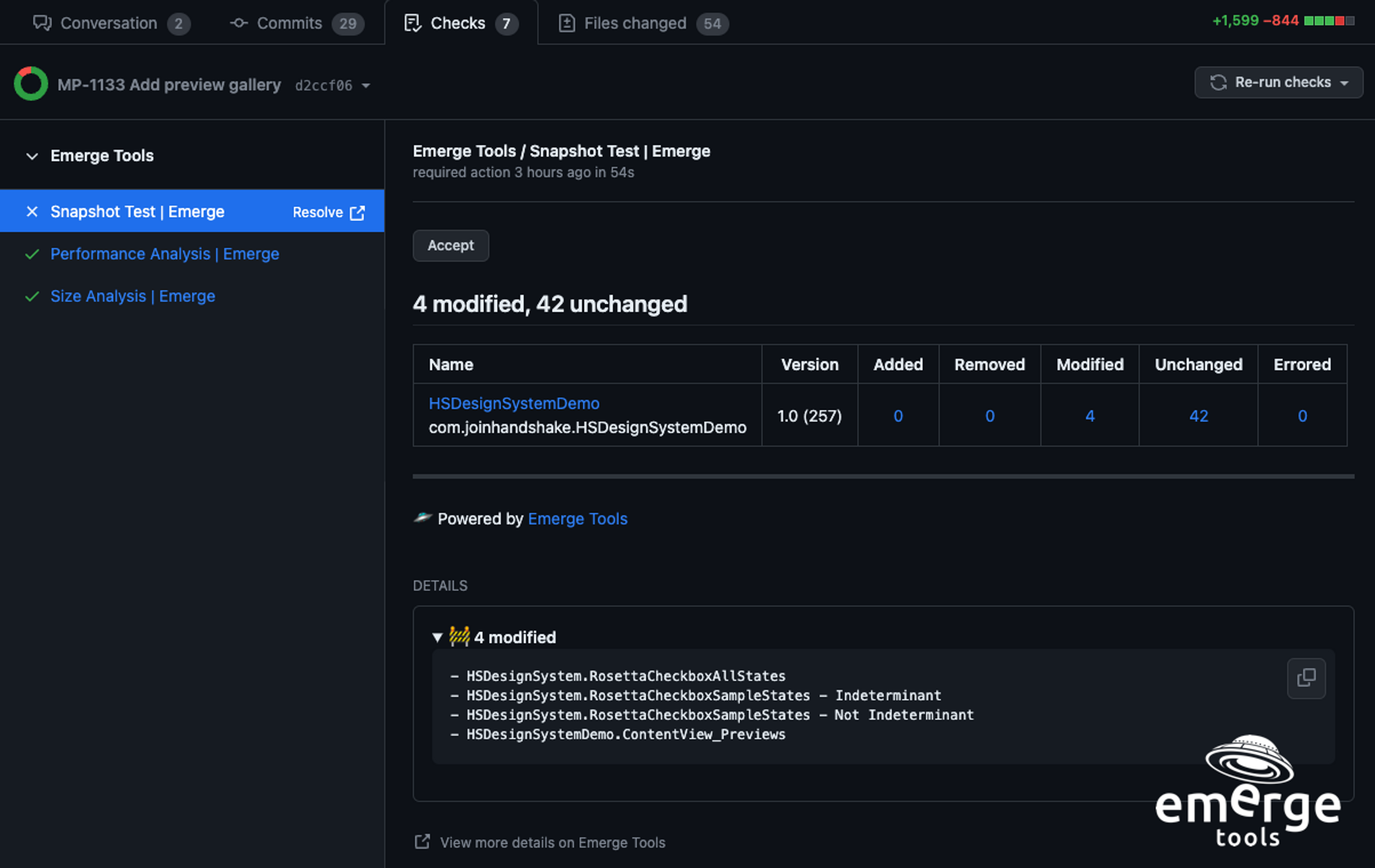 Screenshot of a failing Emerge snapshot PR check