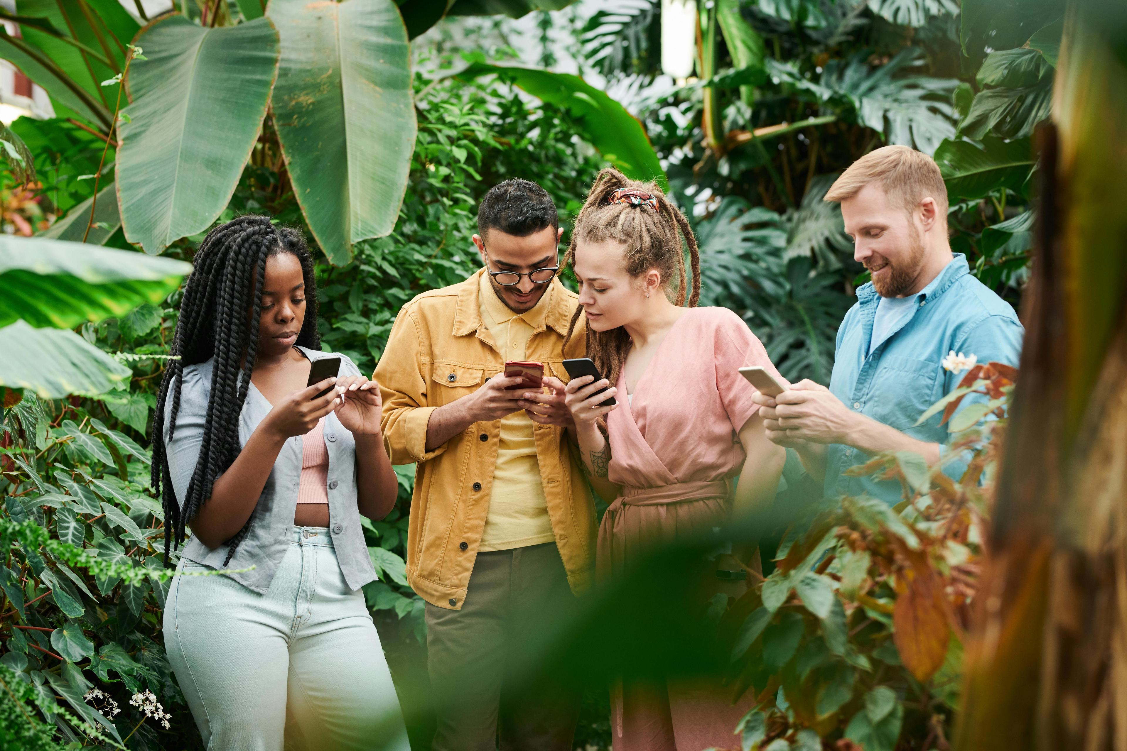 Group of college-aged students eagerly swiping on their mobile phones while surrounded by tropical foliage