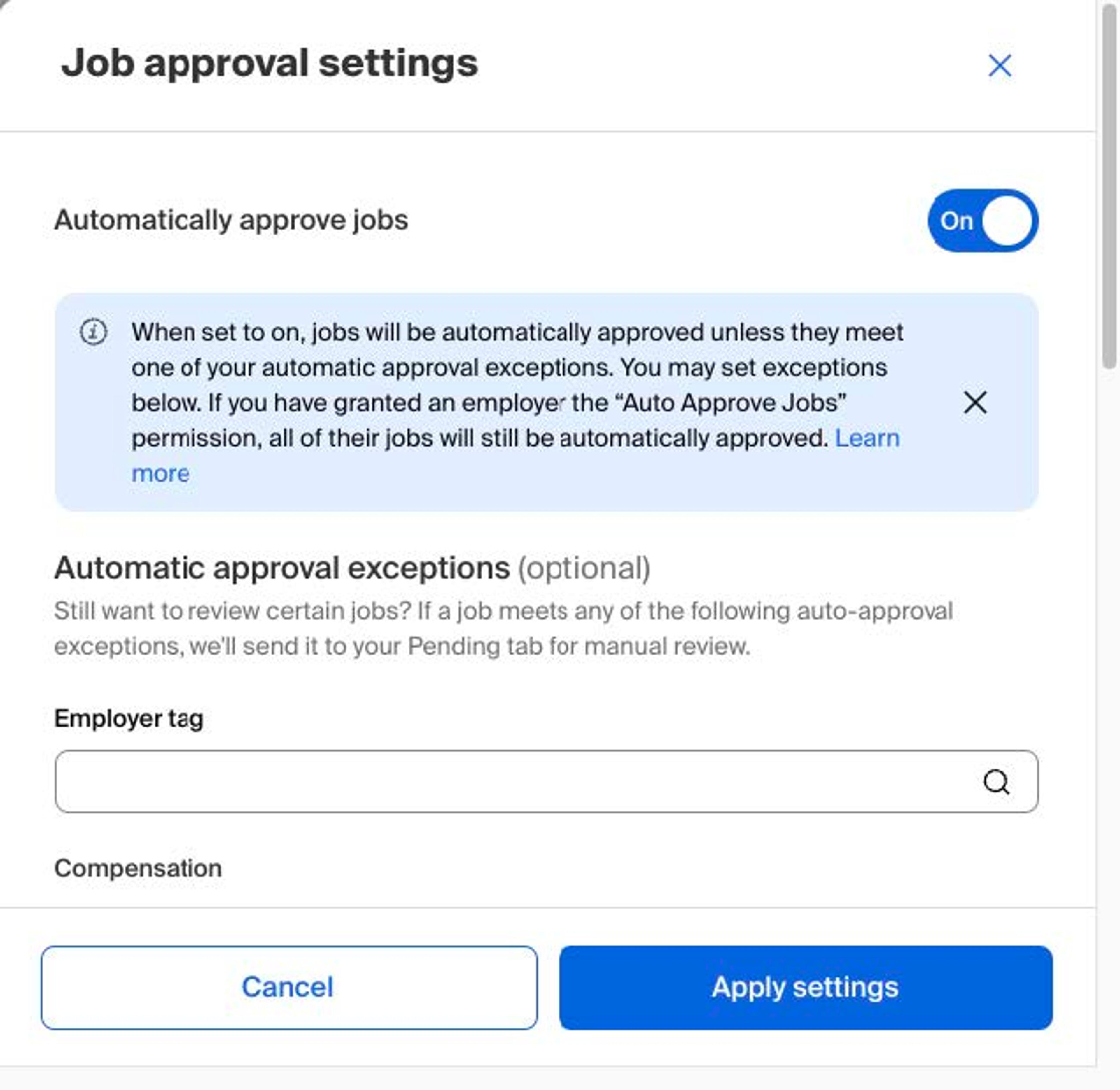 screenshot of job approval settings in Handshake
