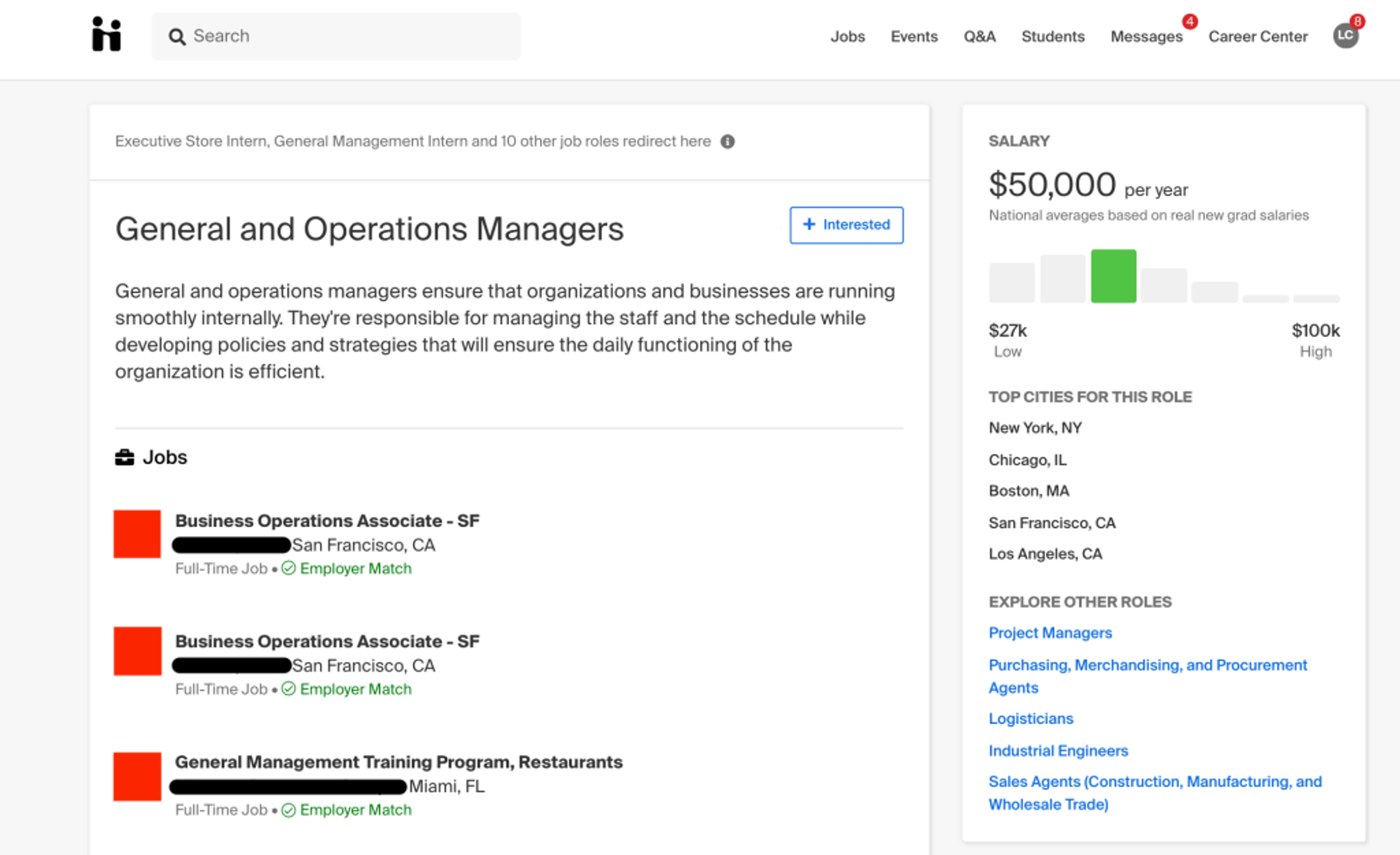 Screenshot showing Handshake job roles and how to add them to your profile