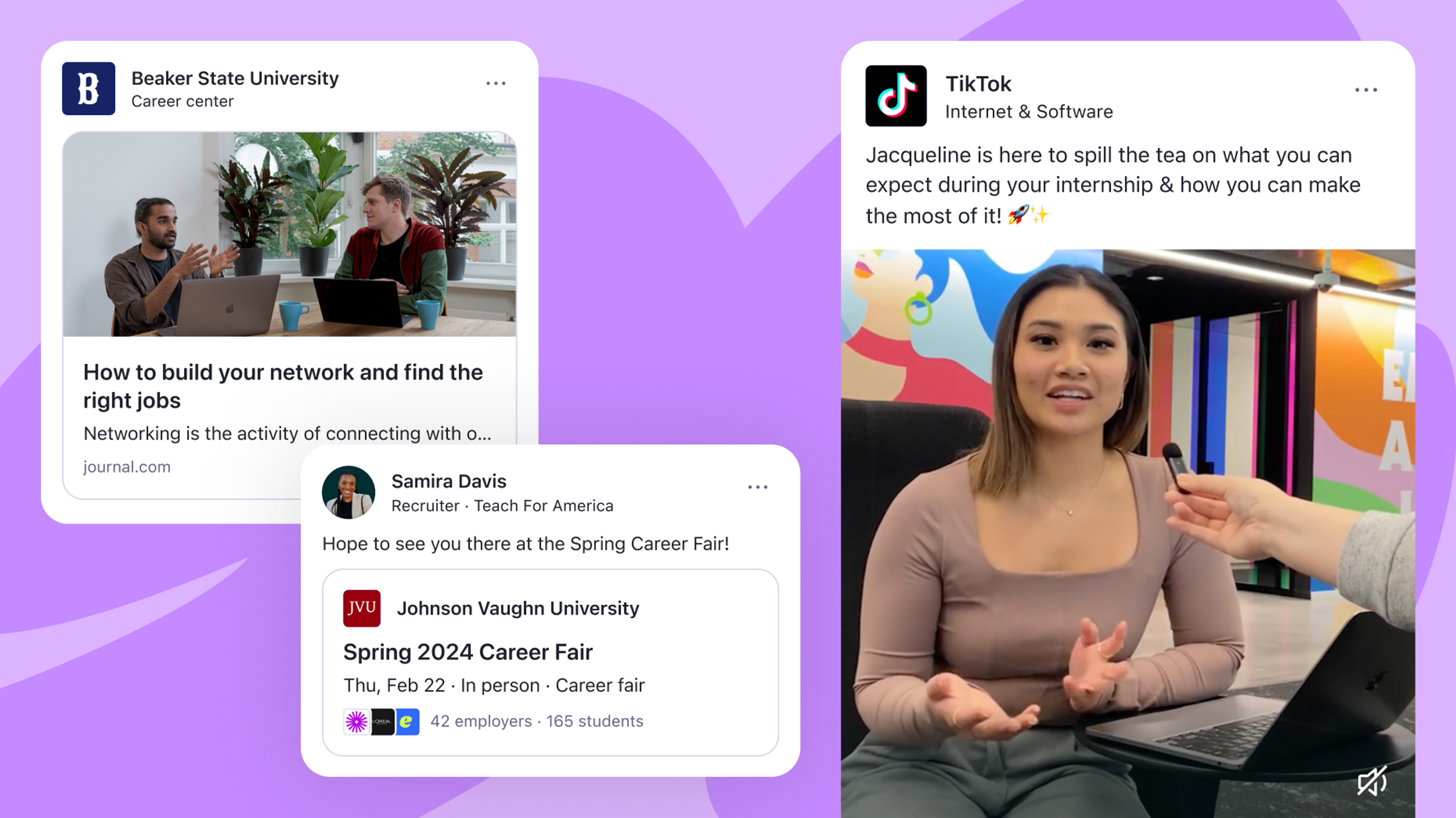 Samples of content from a university career center, a recruiter at Teach for America, and TikTok are shown against a lilac background
