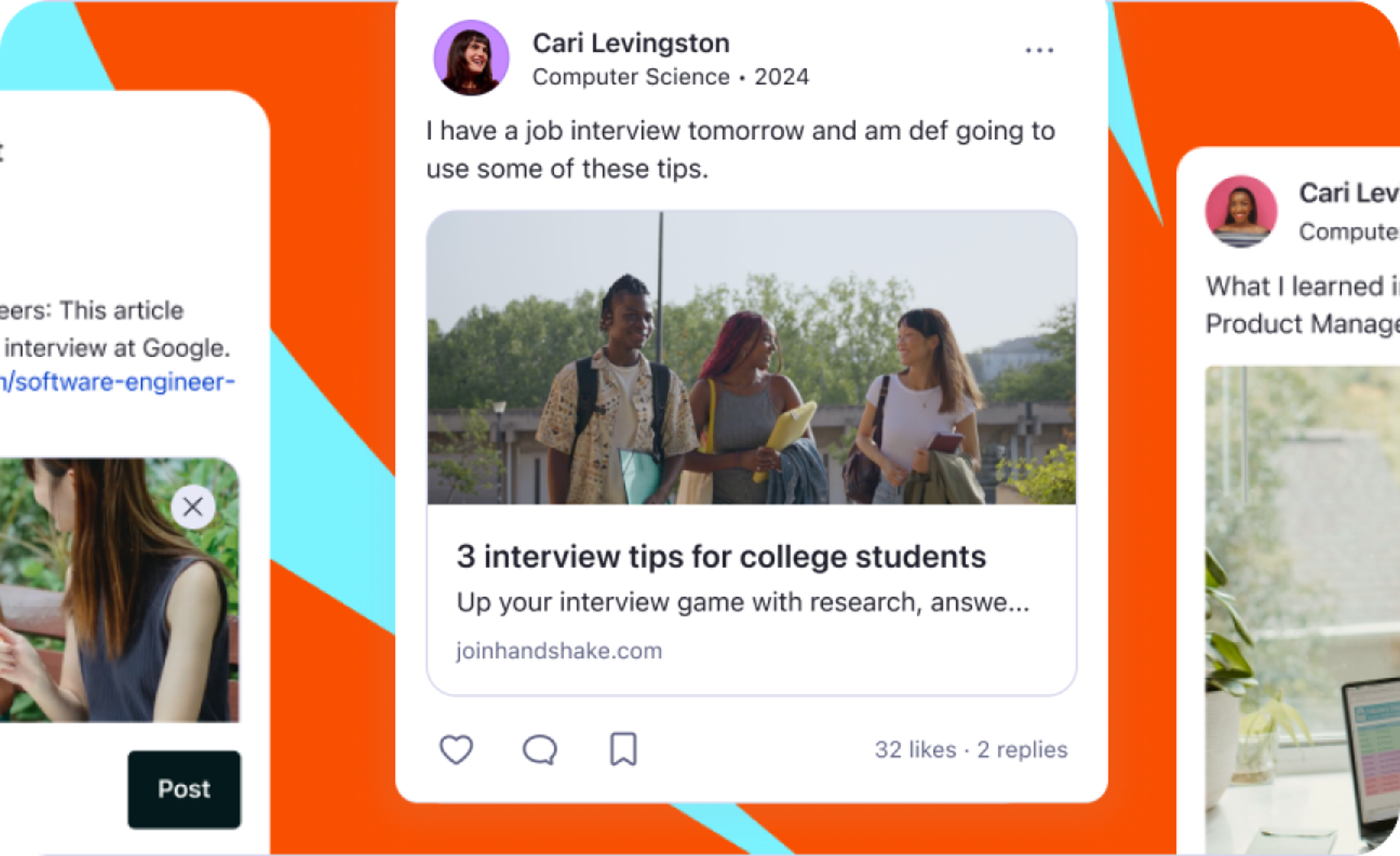 mocks of college students' content posts on the Handshake feed featuring comment 
